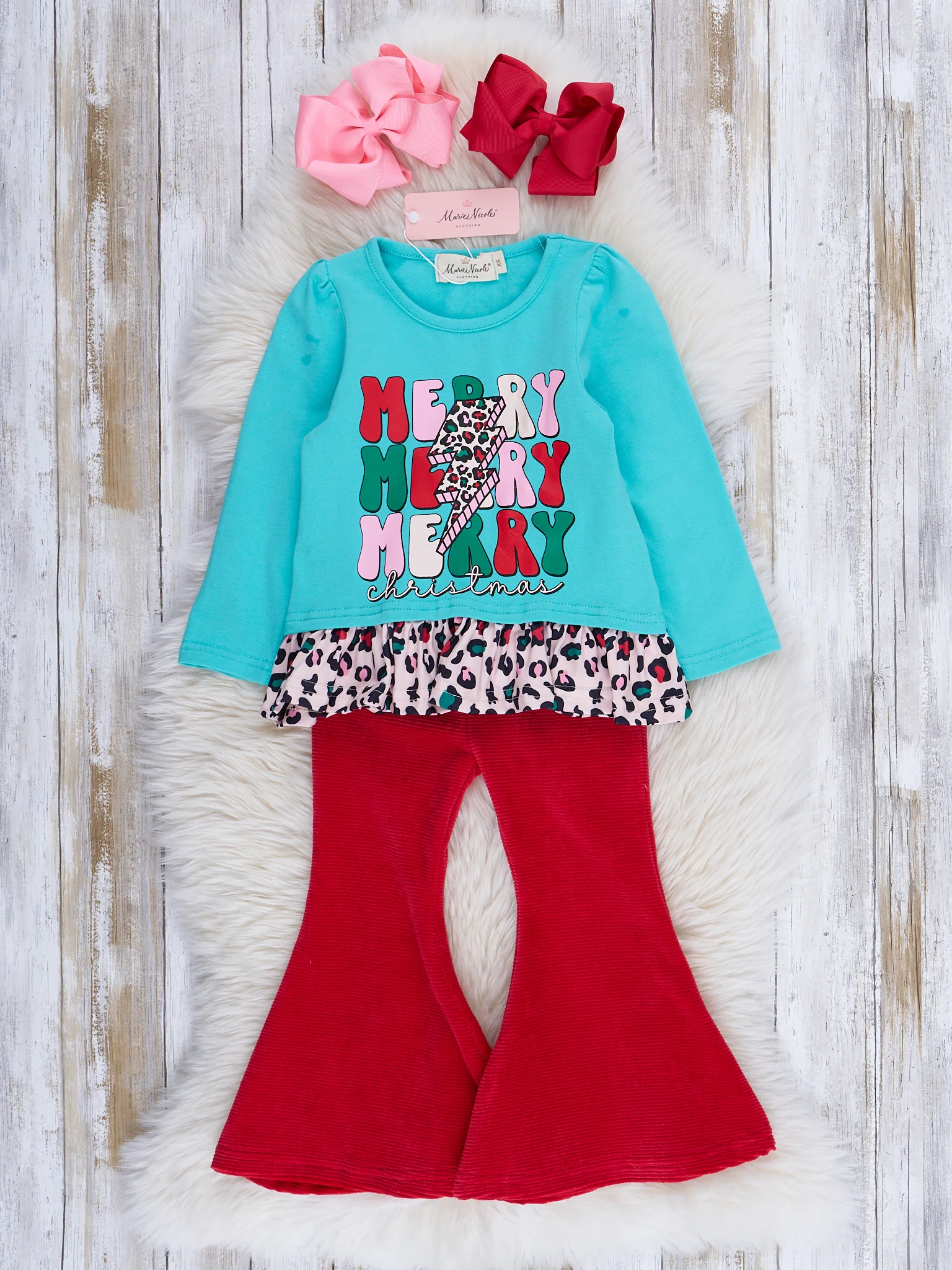 Ice Blue & Red "Merry Christmas" Bell Bottom Outfit