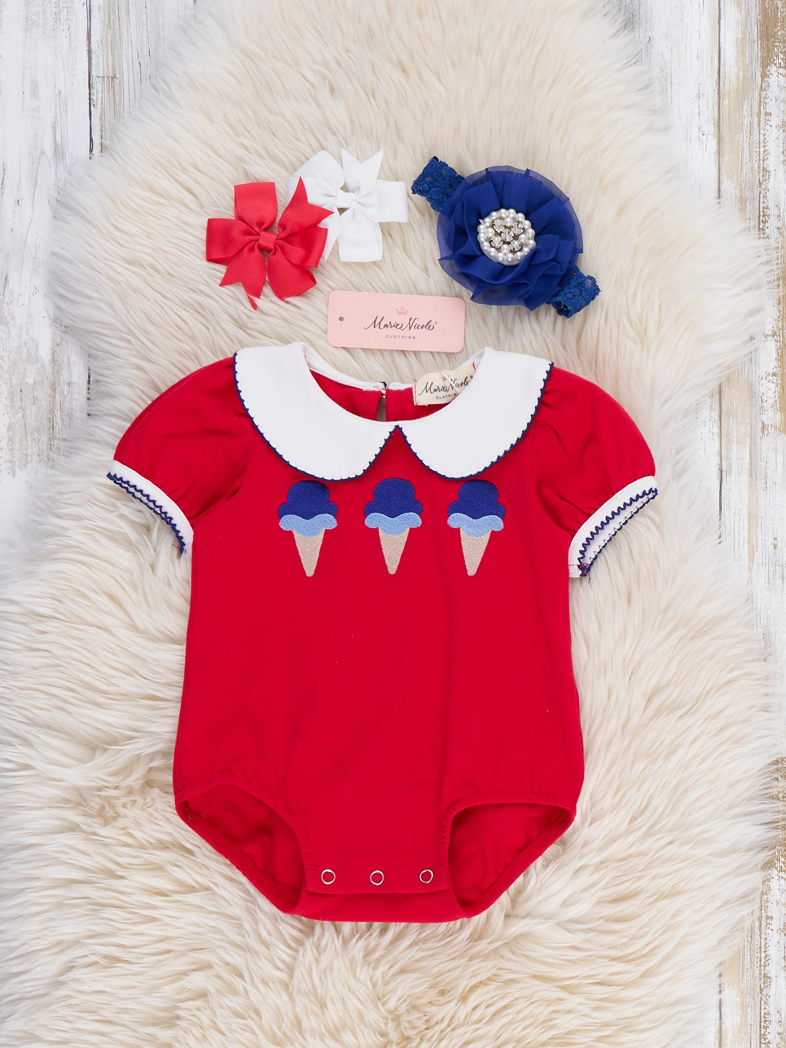 Ice Cream & Independence Embroidered Ruffle Bubble Romper
