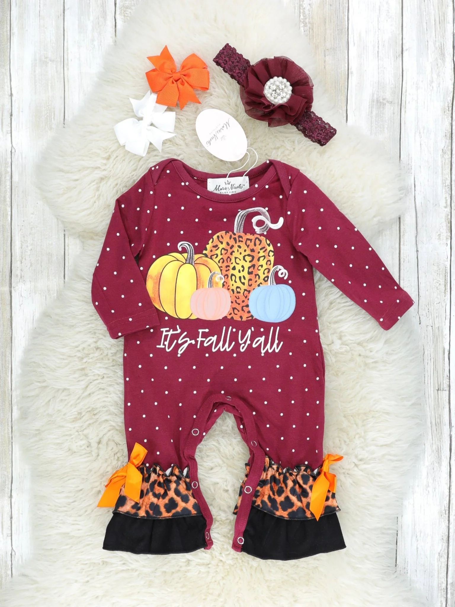 "It's Fall Y'all" Leopard Pumpkin Ruffle Romper