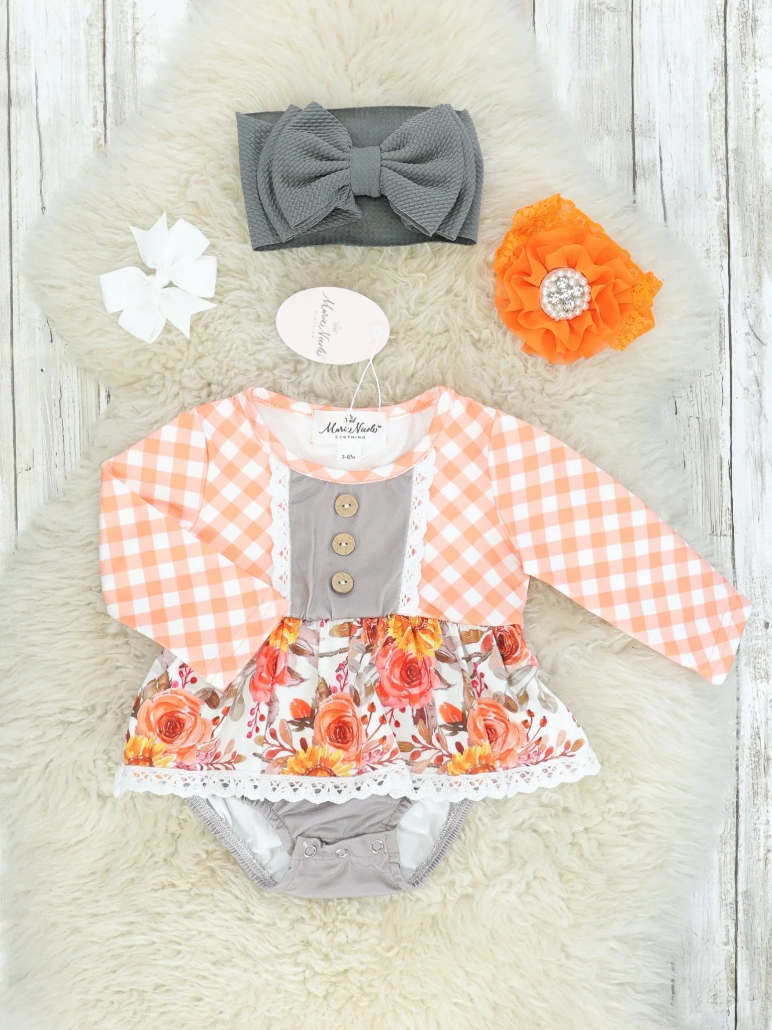 Japanese Sunflower & Rose Orange Gingham Bubble Romper