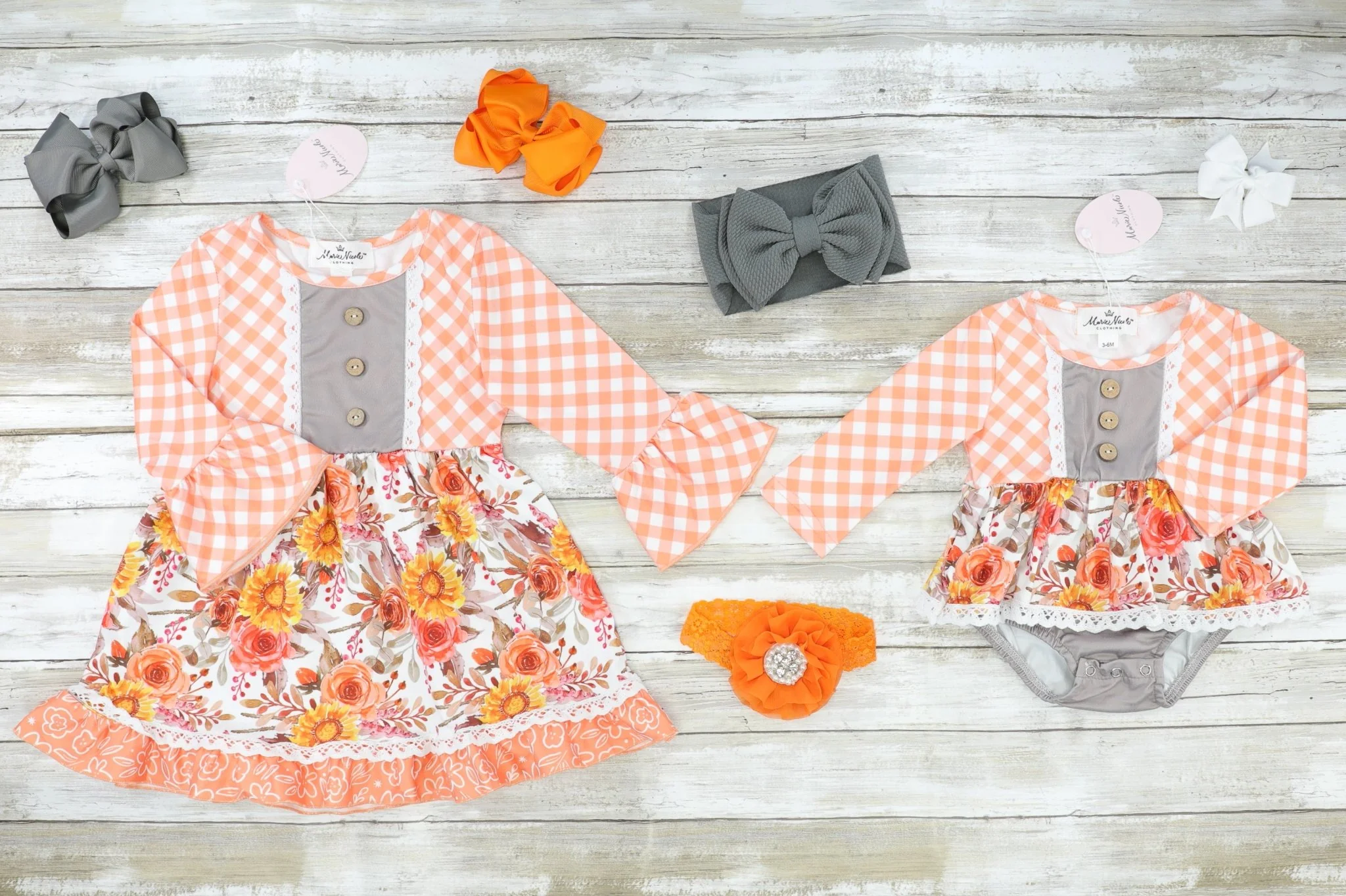 Japanese Sunflower & Rose Orange Gingham Bubble Romper - Image 2