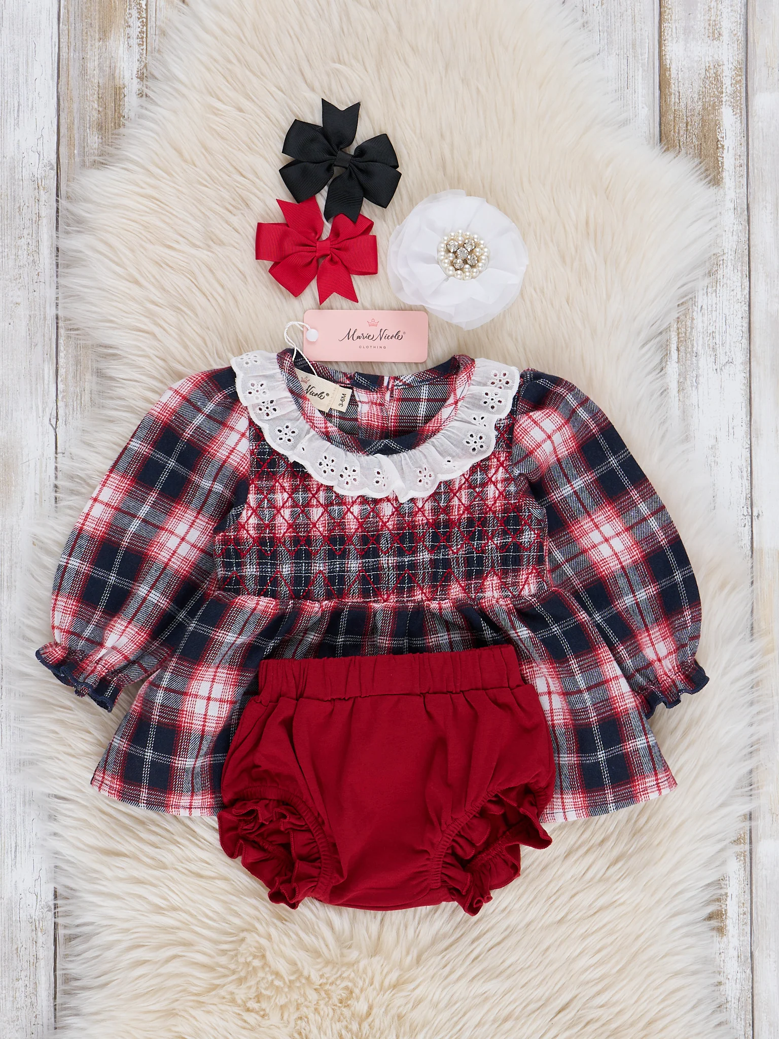 Navy & Burgundy Joyous Plaid Smocked Bloomers Outfit - Image 2