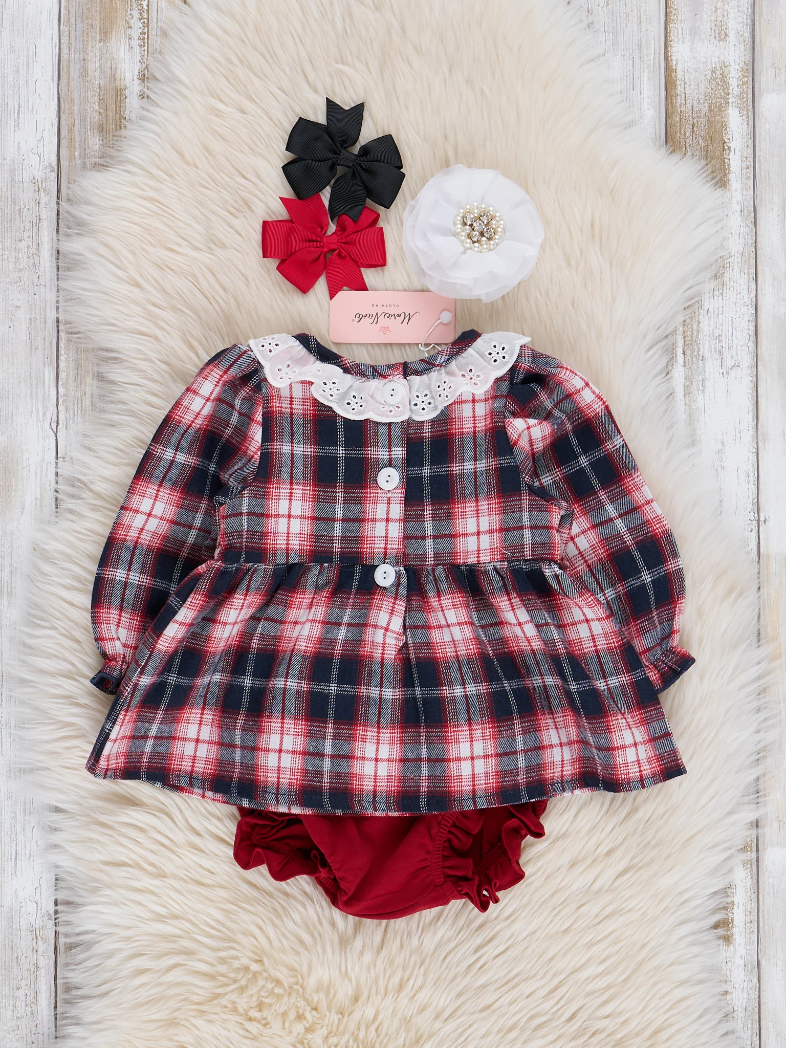 Navy & Burgundy Joyous Plaid Smocked Bloomers Outfit - Image 3