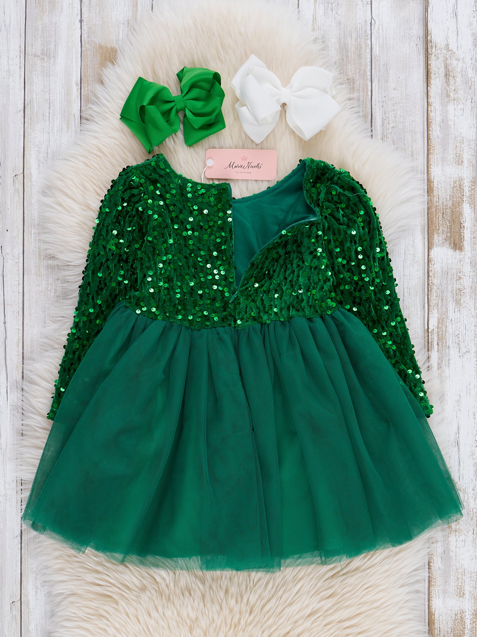 Kelly Green Sparkle Party Long Sleeve Tulle Dress - Image 2
