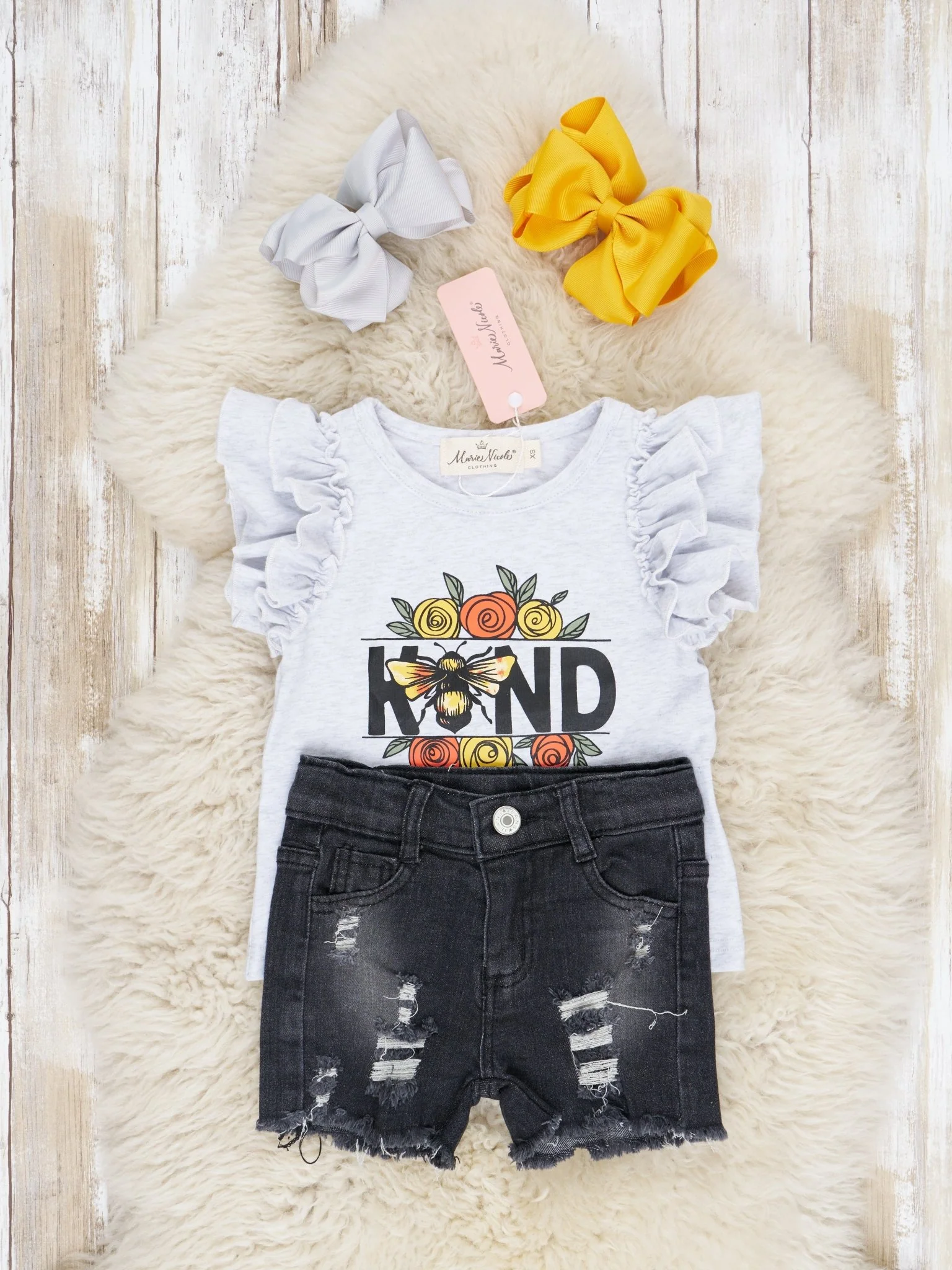 "Kind" Bee Ruffle Top & Denim Shorts Outfit - Image 2