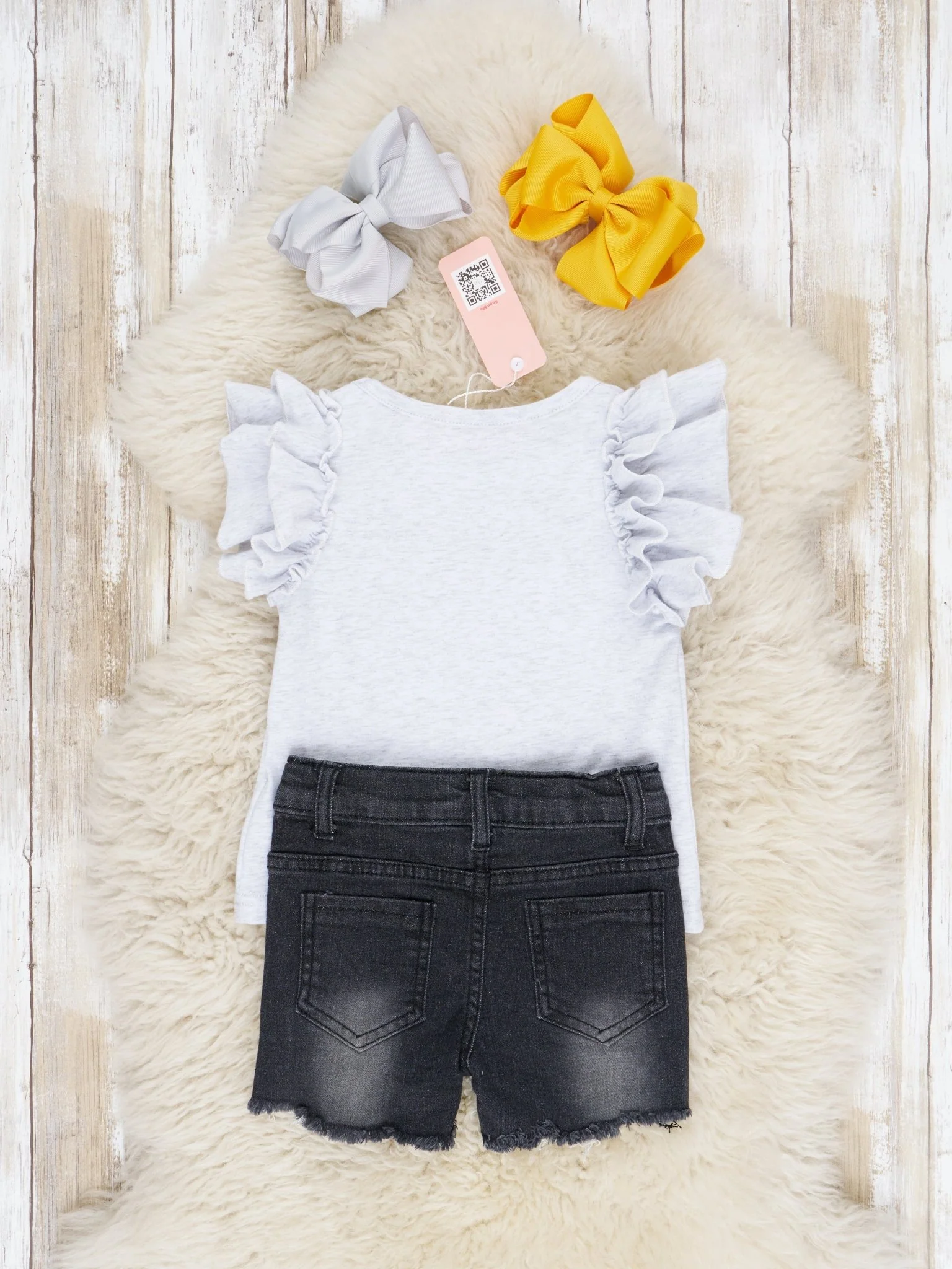 "Kind" Bee Ruffle Top & Denim Shorts Outfit - Image 3