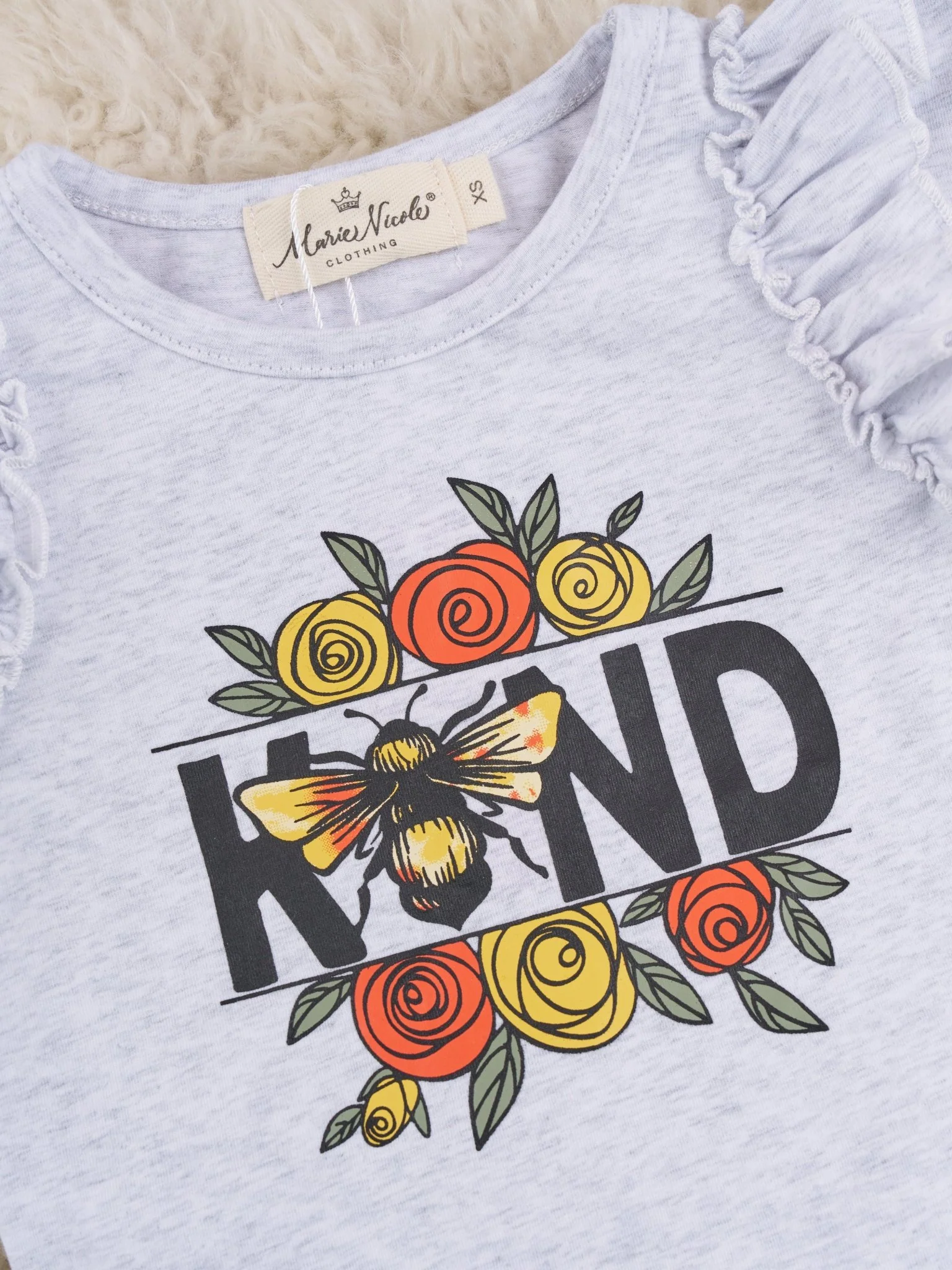 "Kind" Bee Ruffle Top & Denim Shorts Outfit - Image 4