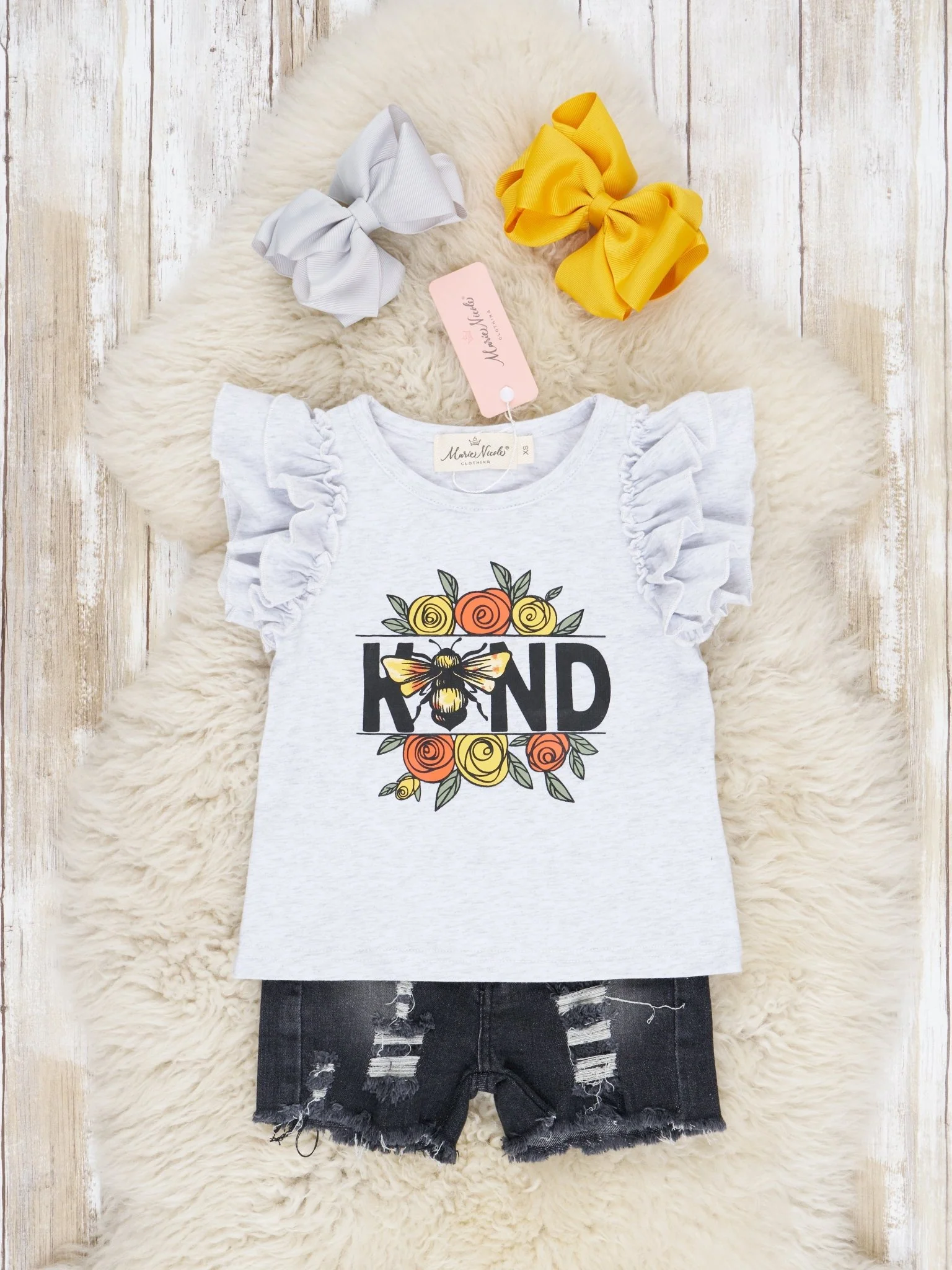 "Kind" Bee Ruffle Top & Denim Shorts Outfit - Image 5