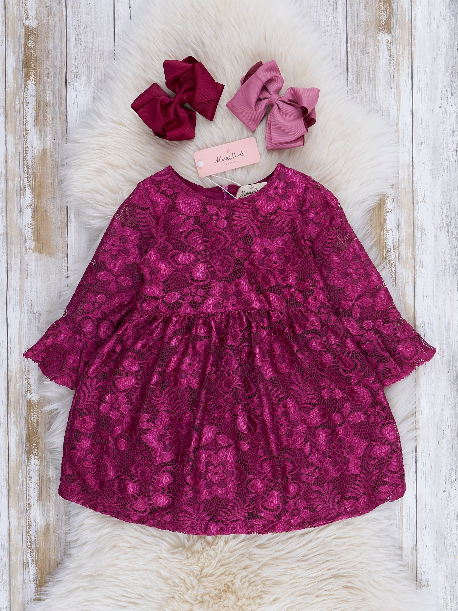 Lace Bell Sleeve Dress - Magenta