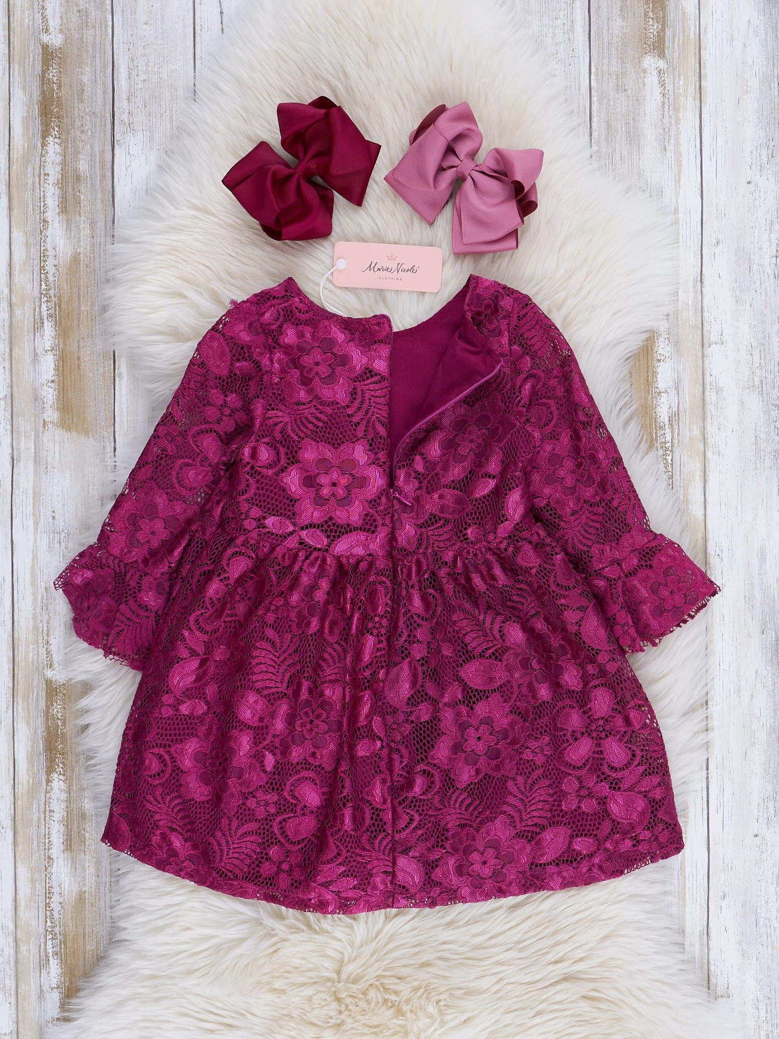 Lace Bell Sleeve Dress - Magenta - Image 2