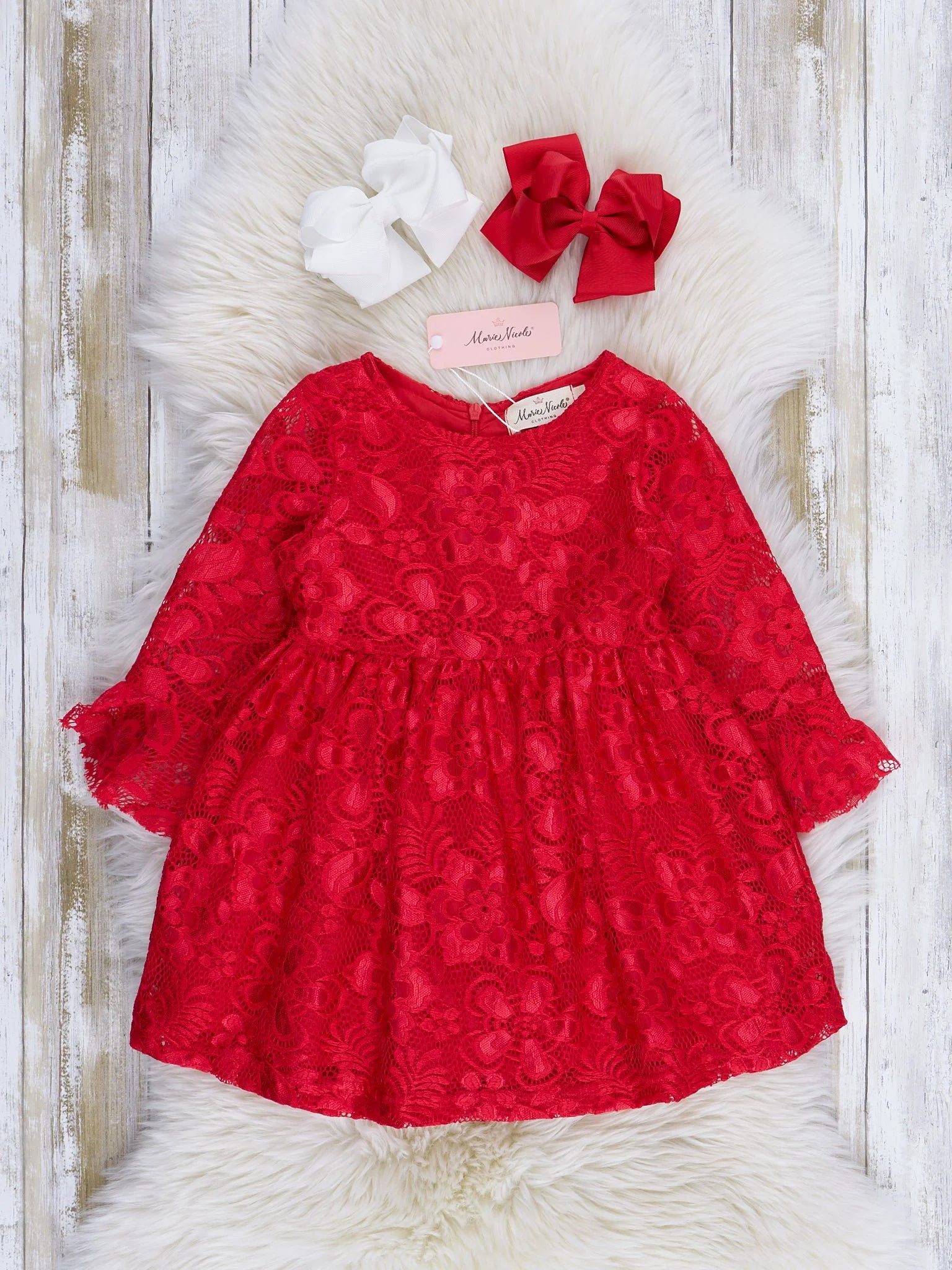 Lace Bell Sleeve Dress - Red