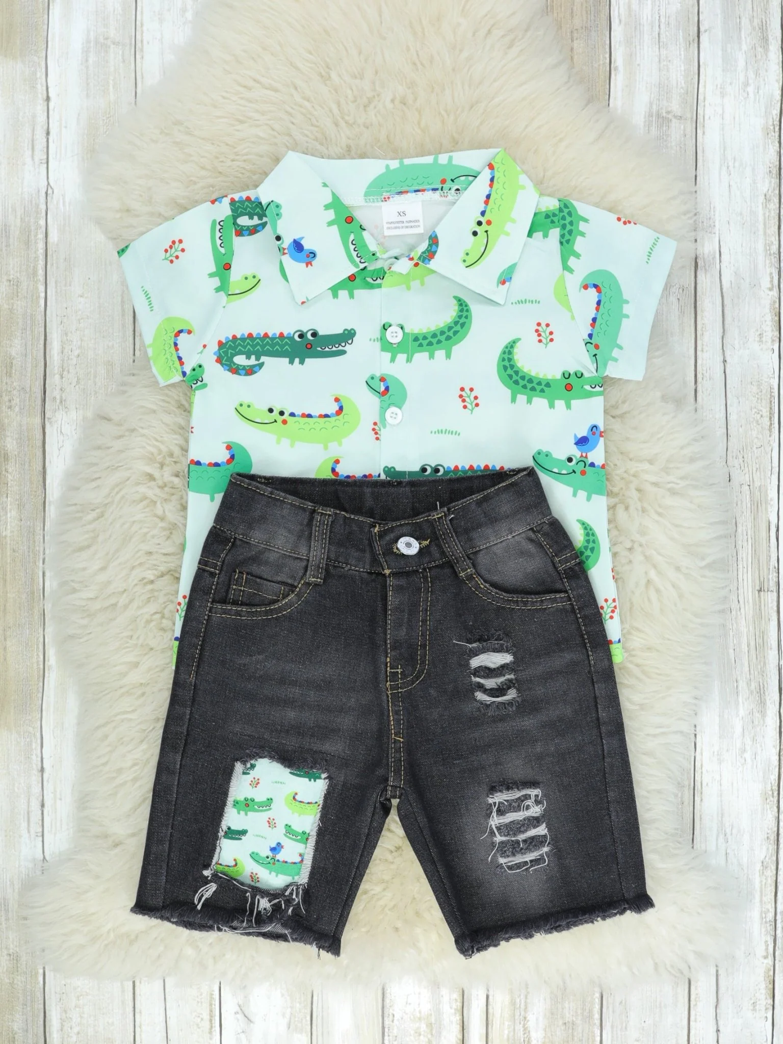 Later Alligator Button Up & Denim Shorts Outfit - Image 2