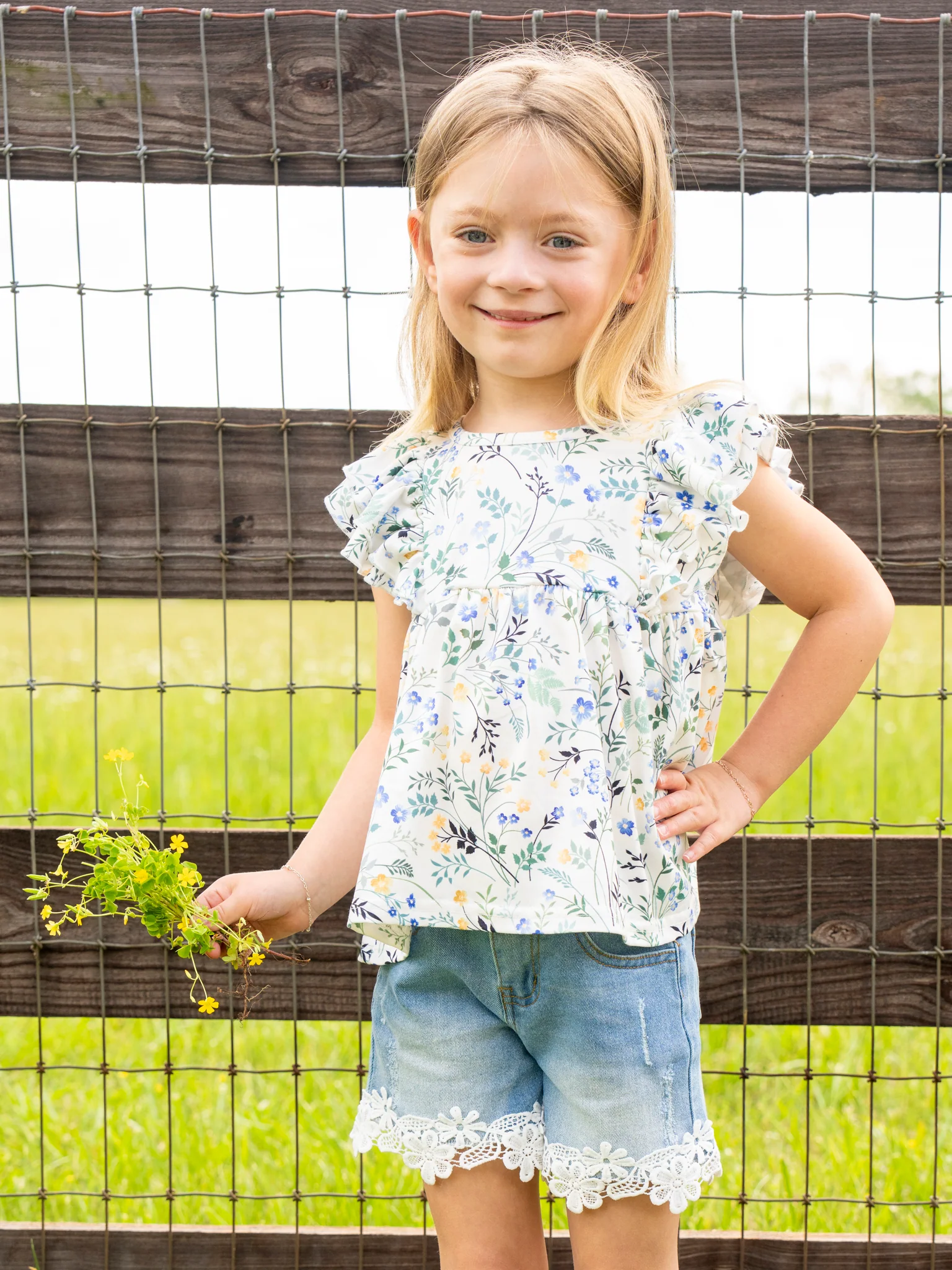 Lavender Blooms Lace Hem Denim Outfit