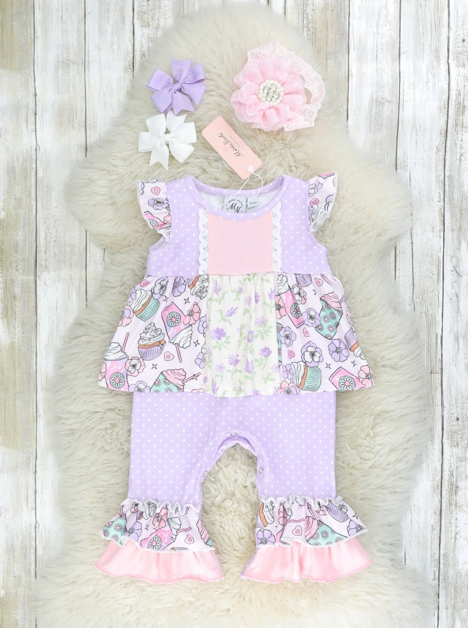Lavender Floral & Sweet Treats Ruffle Romper