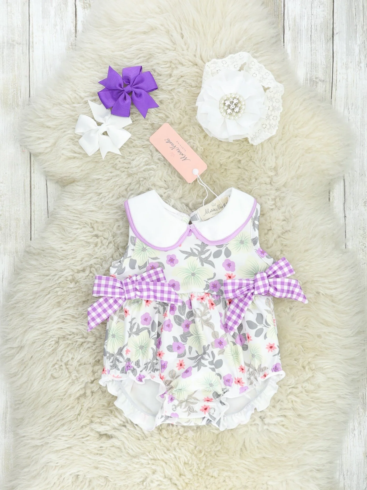 Lavender Floral Vintage Bow Bubble Romper