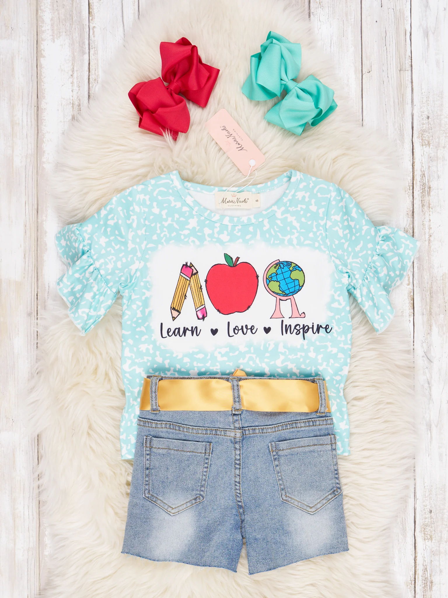 "Learn, Love, Inspire" Ruffle Denim Outfit - Image 3