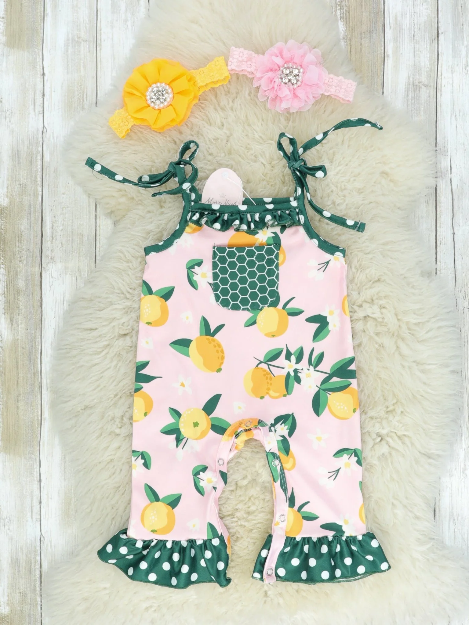 Green & Yellow Lemon Polka Dot Tie Romper