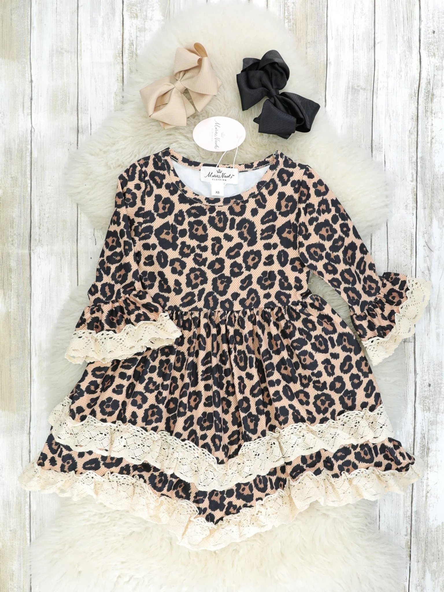 Leopard Crochet Lace Ruffle Bell Sleeve Dress