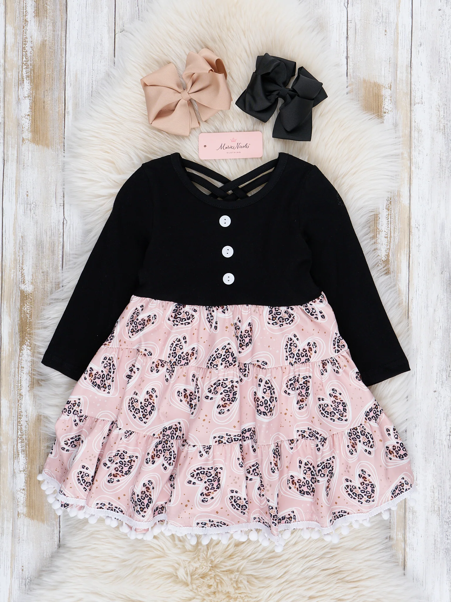 Leopard Hearts Tiered Pom Pom Dress