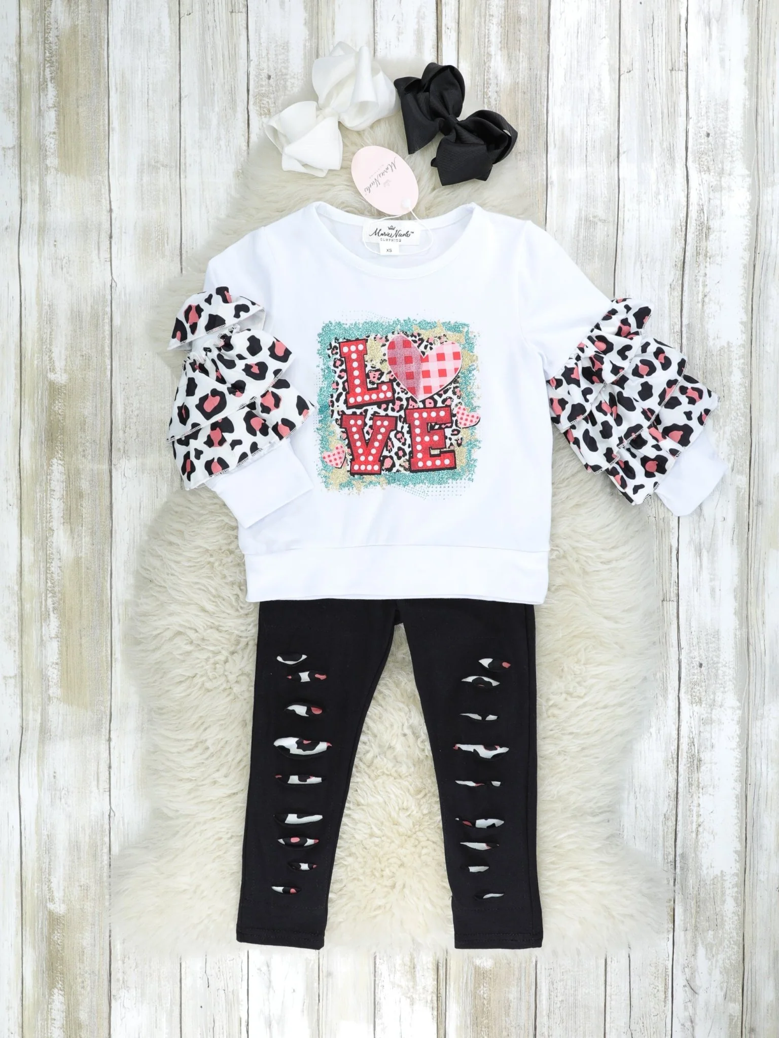 Leopard "LOVE" Ruffle Top & Distressed Bottoms Outfit
