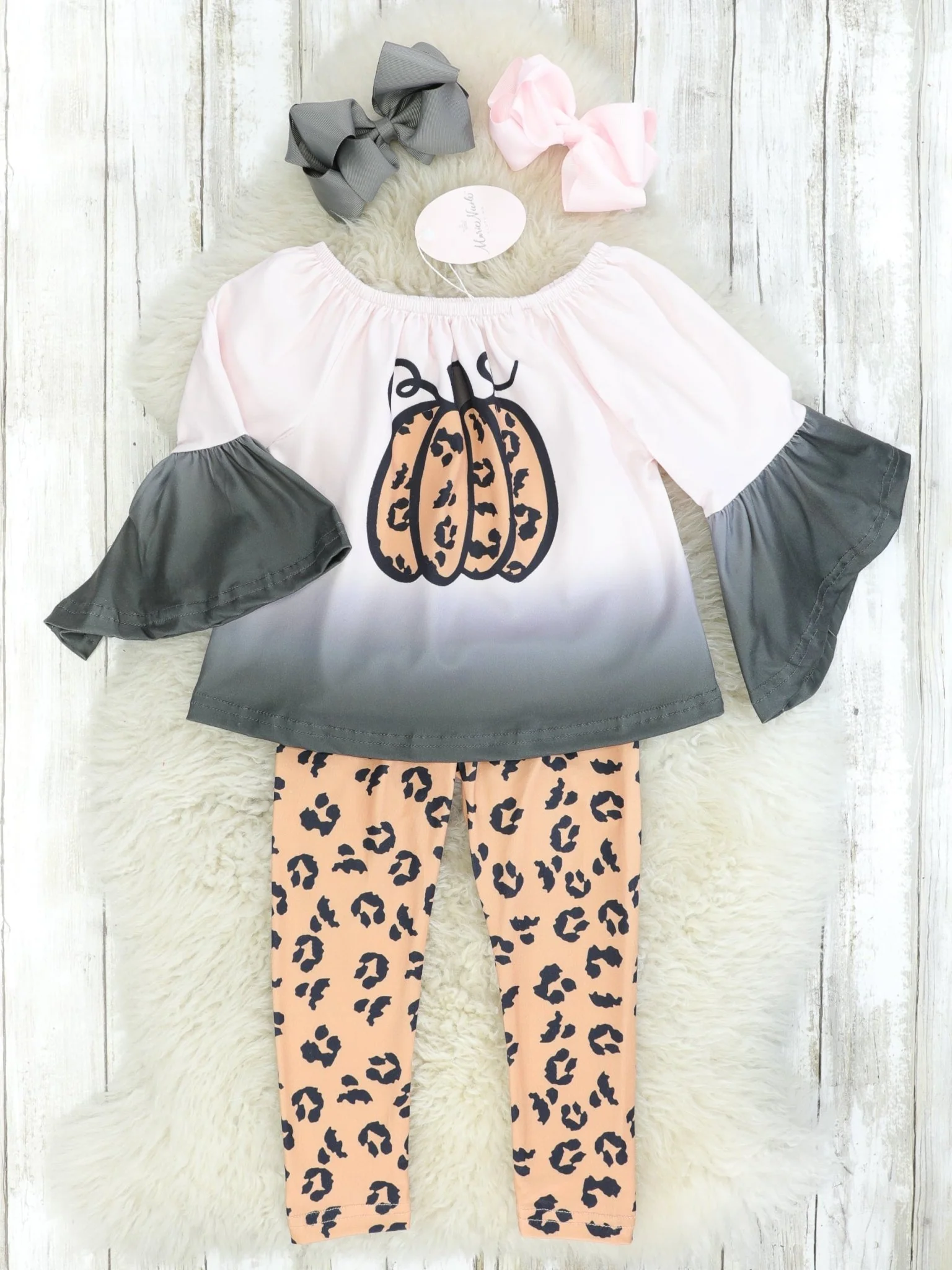 Leopard Pumpkin Bell Sleeved Top & Bottoms Outfit