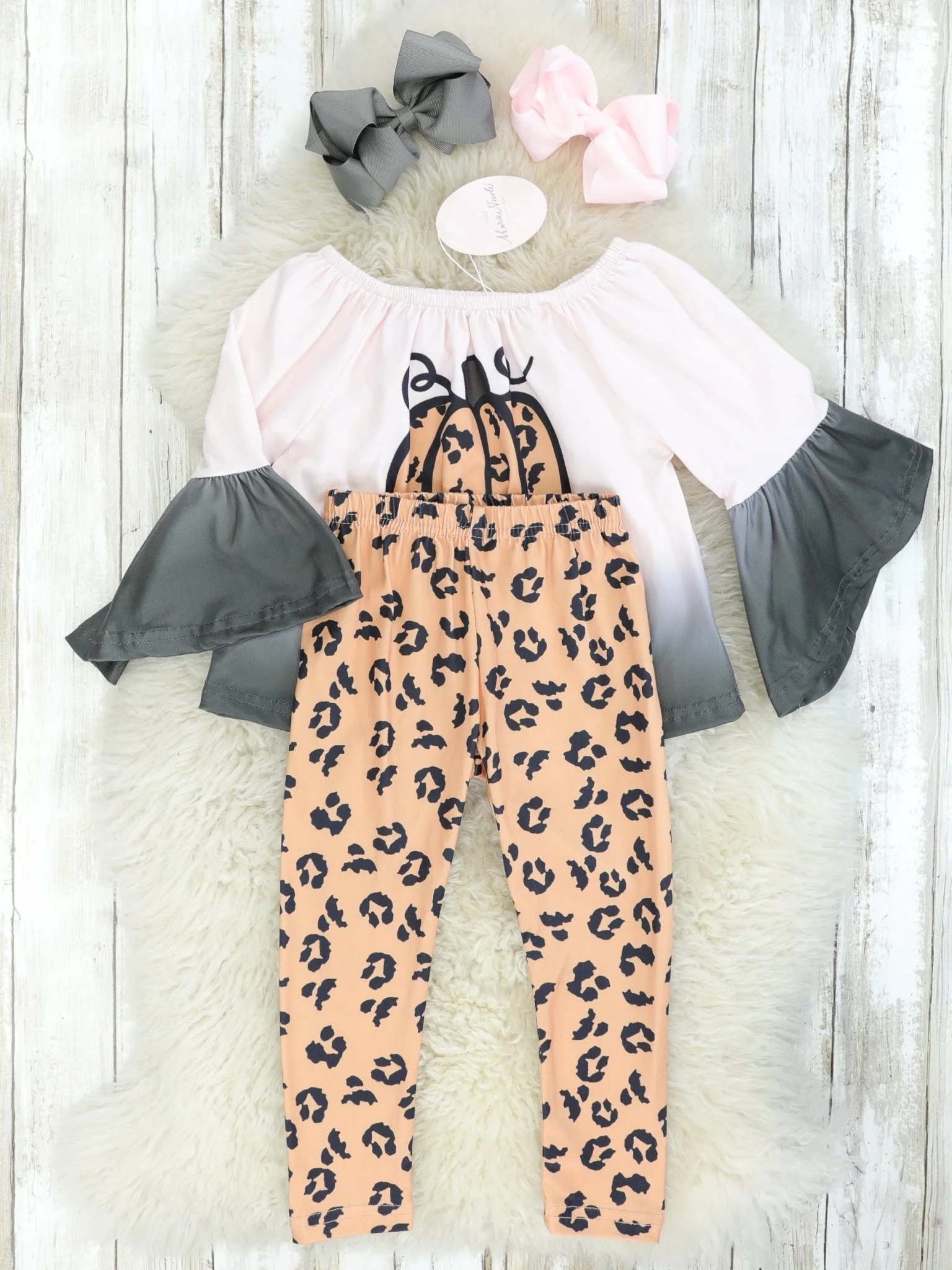 Leopard Pumpkin Bell Sleeved Top & Bottoms Outfit - Image 2
