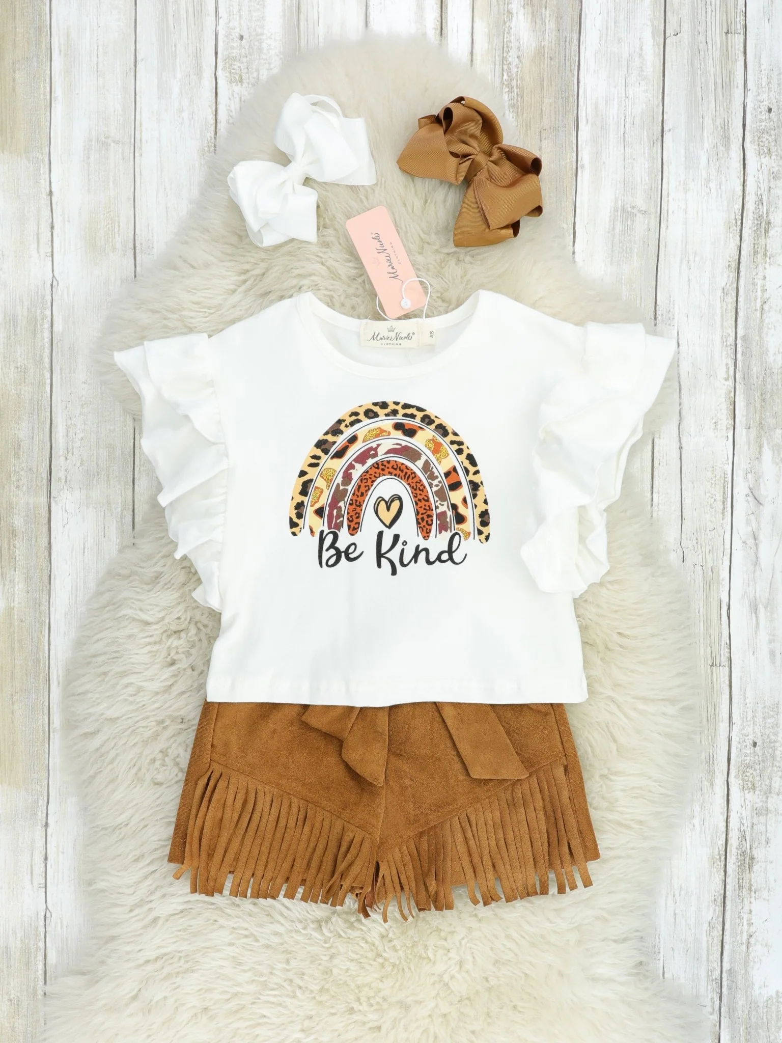 Leopard Rainbow "Be Kind" Top & Suede Fringe Shorts Outfit