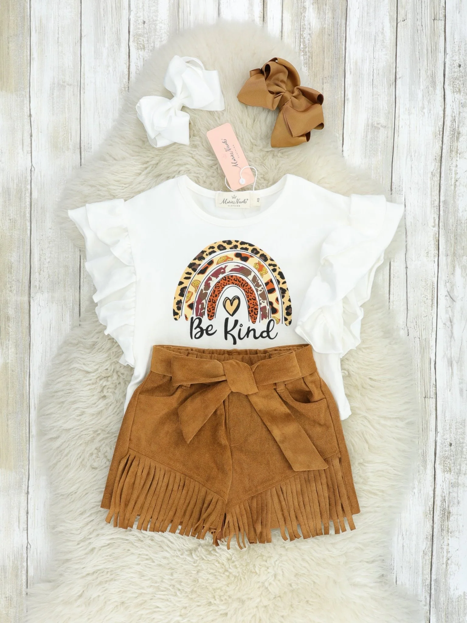 Leopard Rainbow "Be Kind" Top & Suede Fringe Shorts Outfit - Image 2