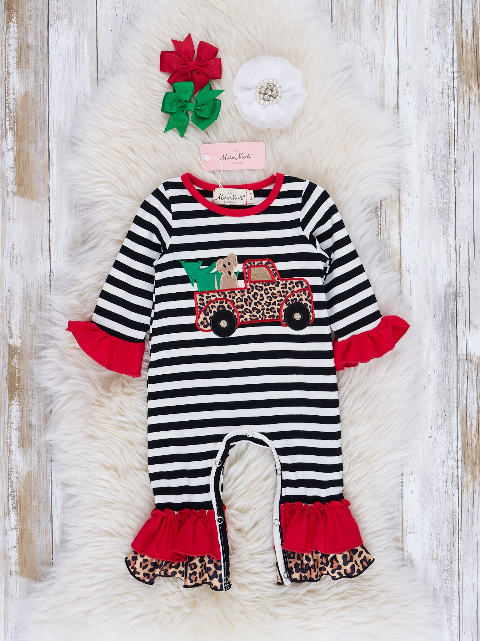 Leopard & Stripes Holiday Truck Ruffle Romper