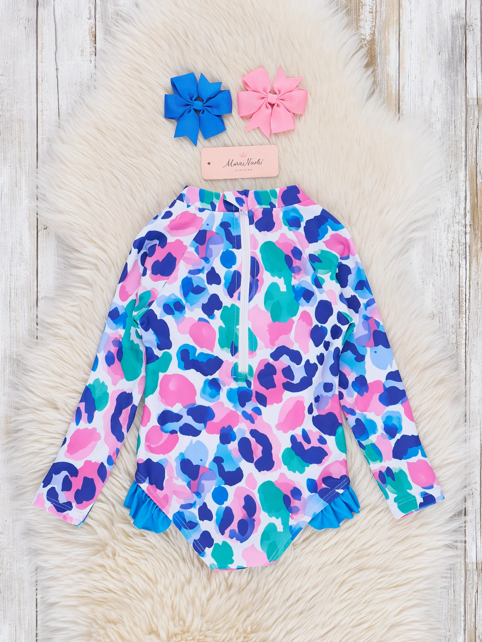 Leopard Watercolor Ruffle Rashguard Swimsuit - Image 3