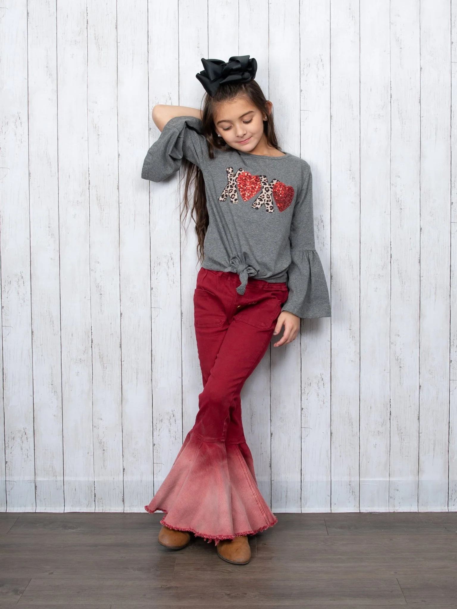 Leopard "XOXO" Tie Top & Denim Bell Bottoms Outfit - Image 5