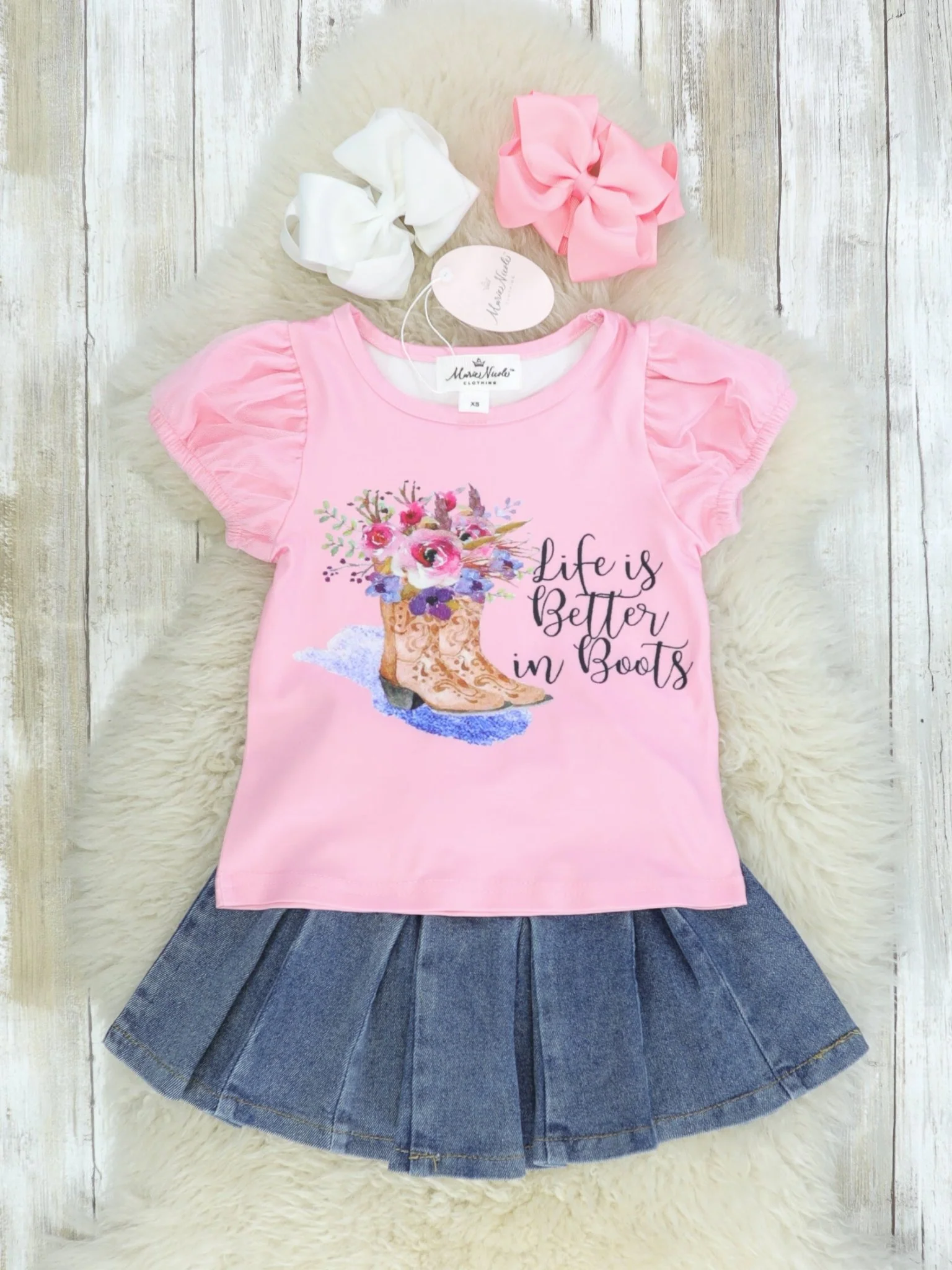 Life Is Better In Boots Shirt & Denim Skirt Outfit