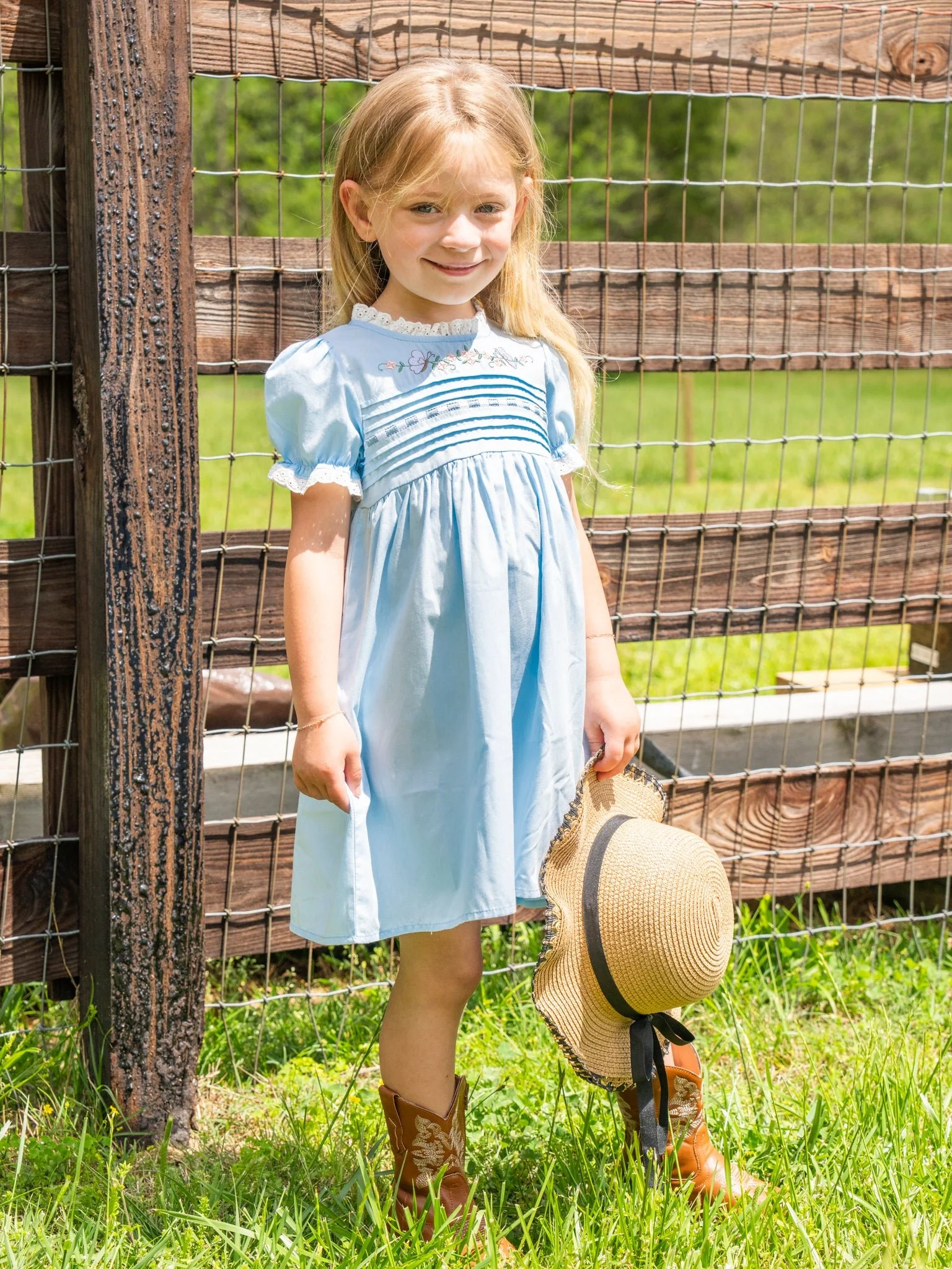 Light Blue Embroidered Garden Smocked Ruffle Dress