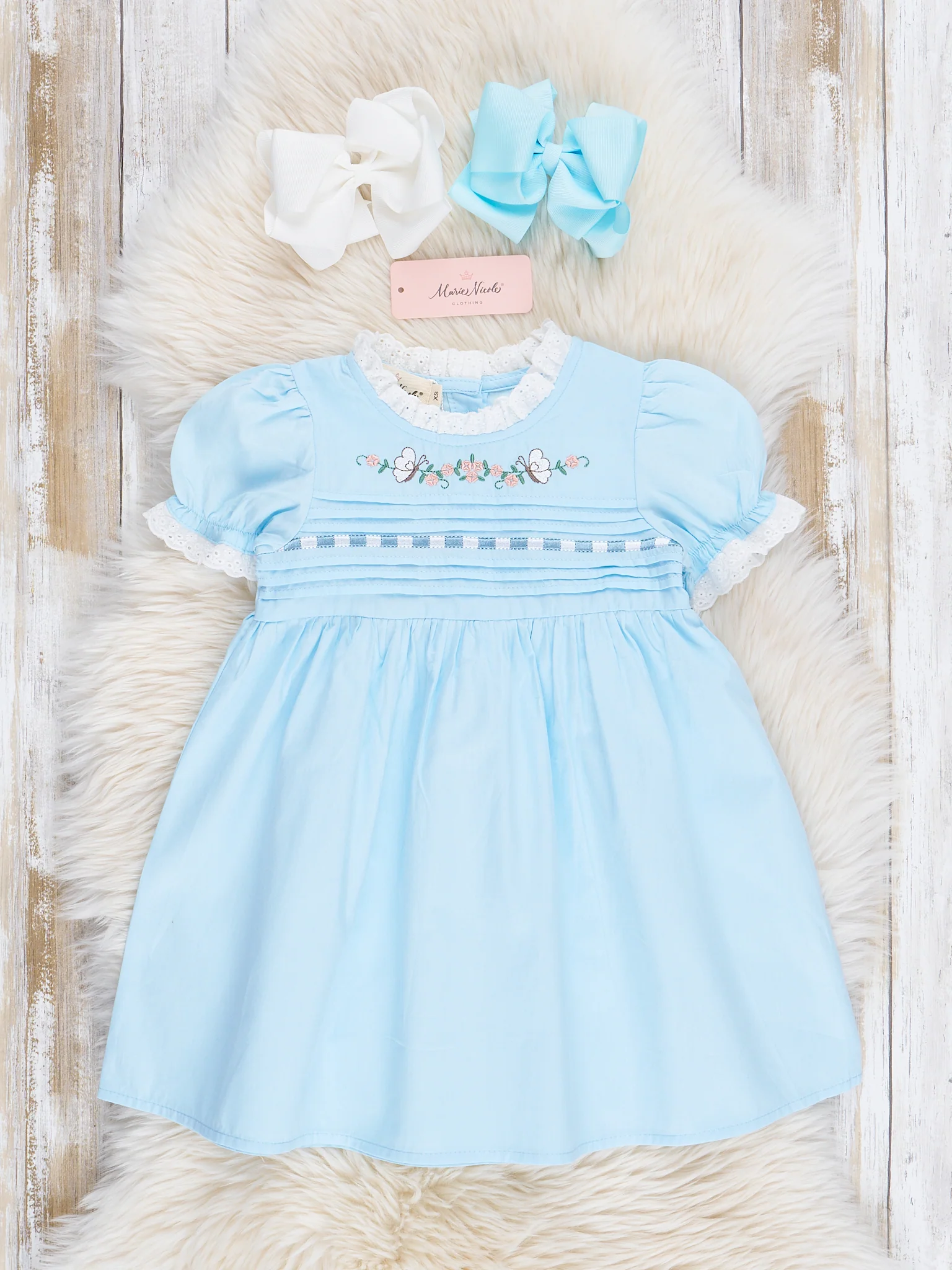 Light Blue Embroidered Garden Smocked Ruffle Dress - Image 3