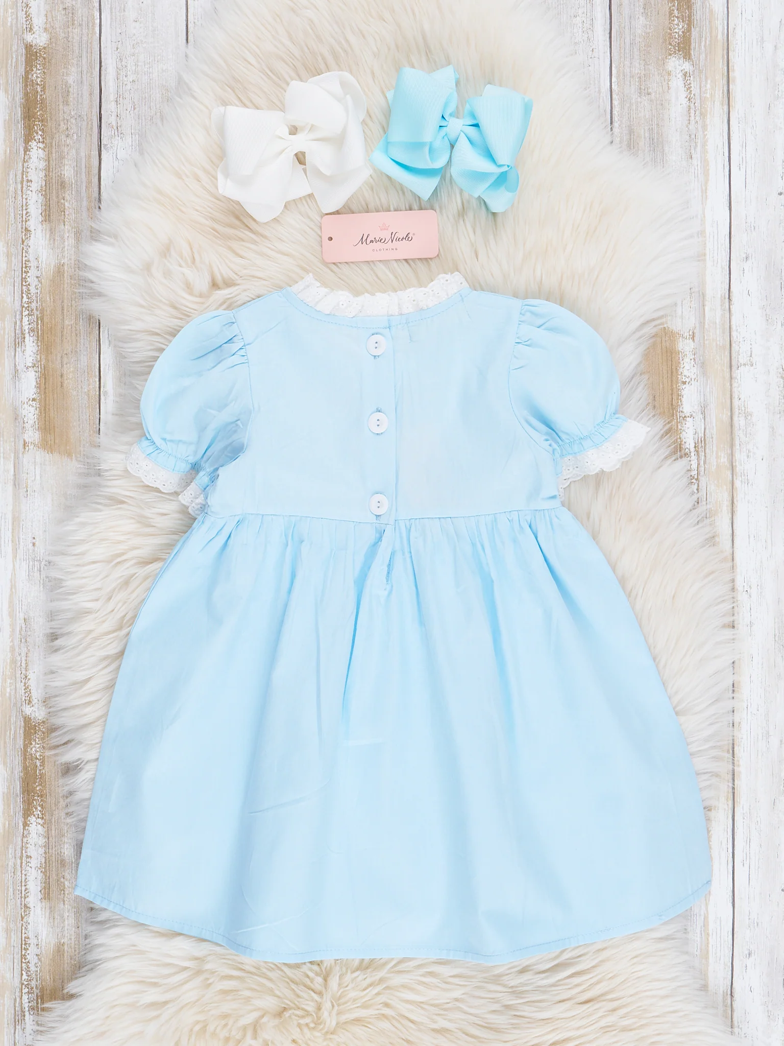 Light Blue Embroidered Garden Smocked Ruffle Dress - Image 4