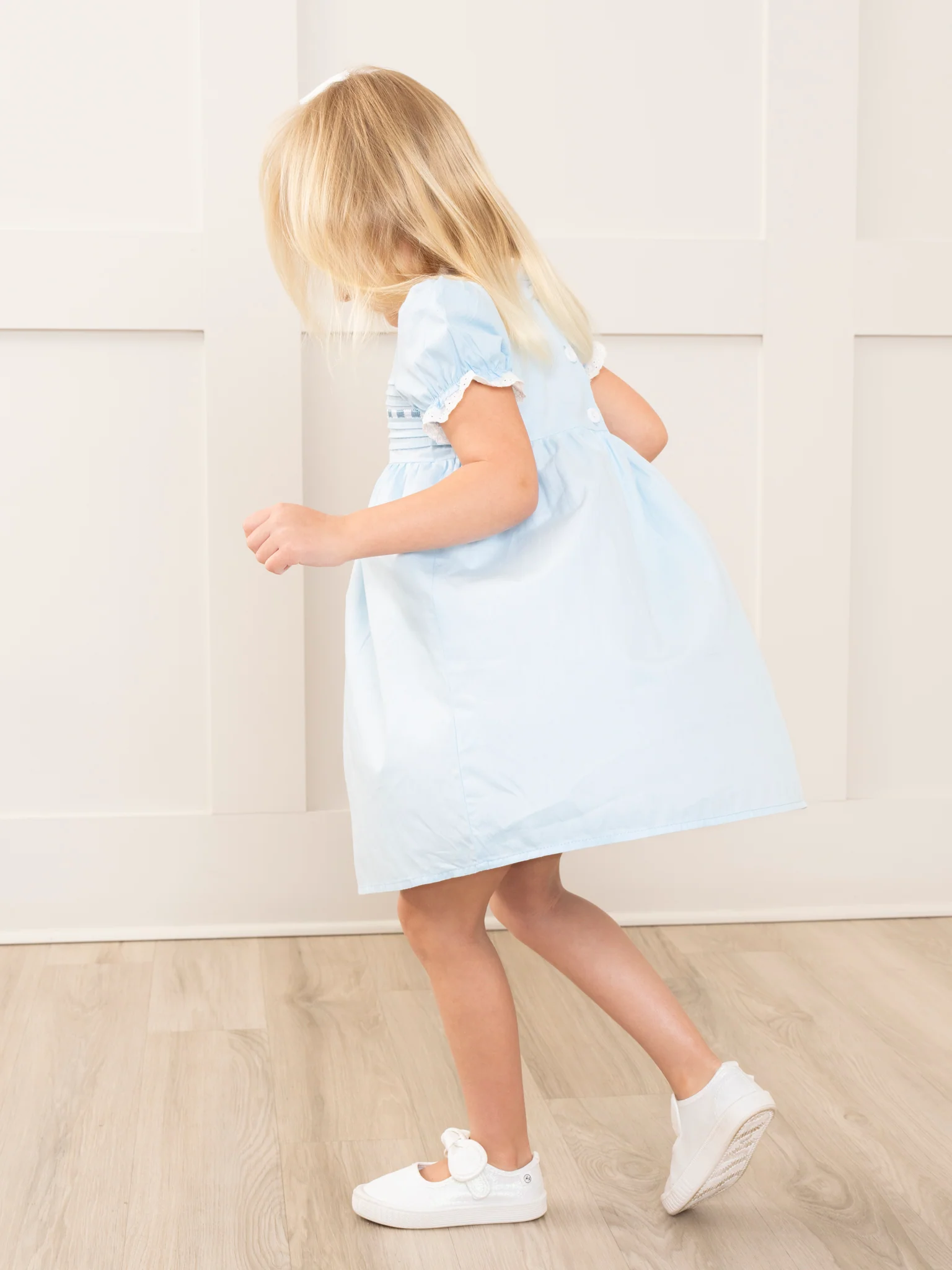 Light Blue Embroidered Garden Smocked Ruffle Dress - Image 5