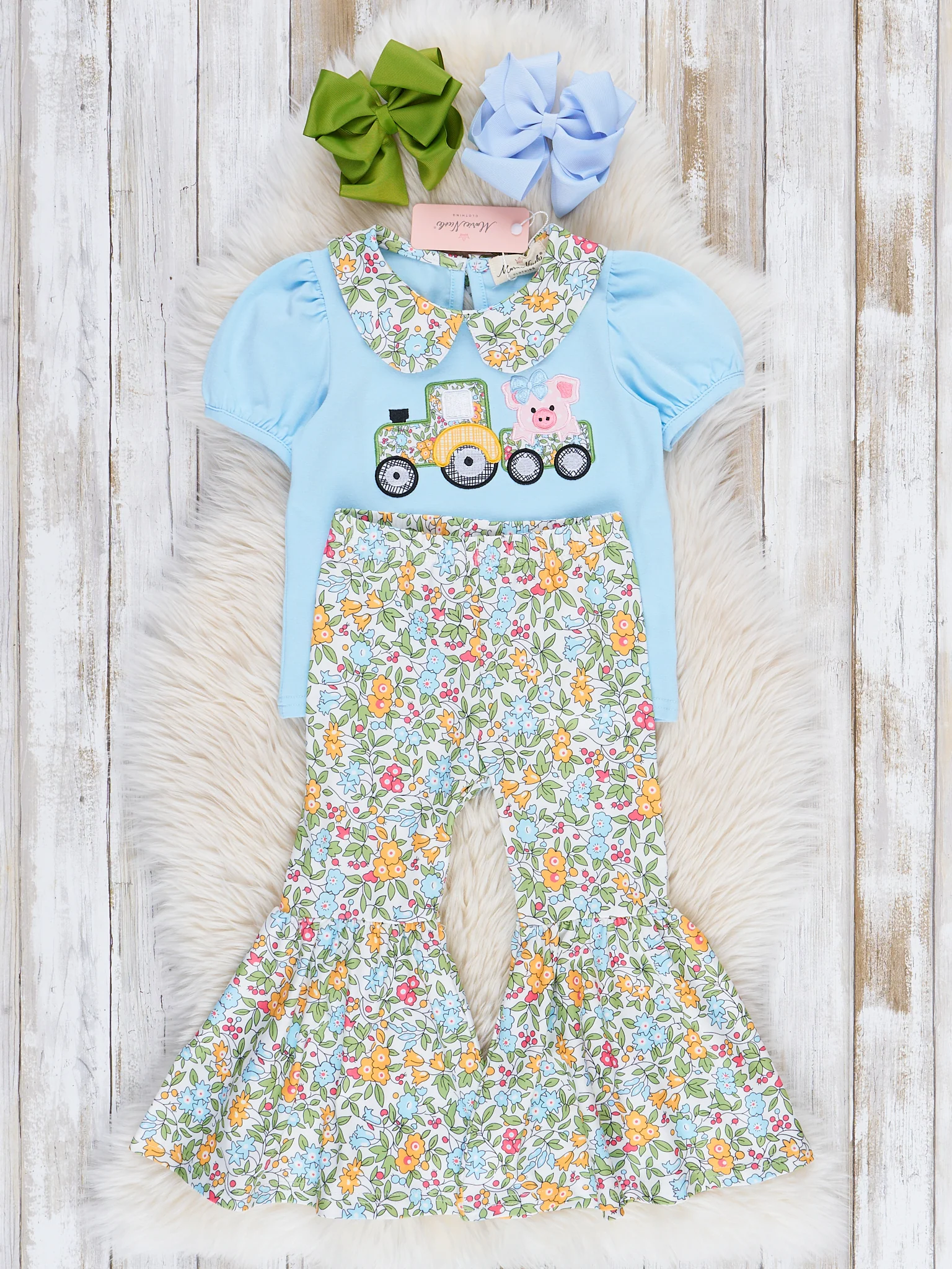 Light Blue Embroidered Piggy Tractor Bell Bottoms Outfit - Image 2