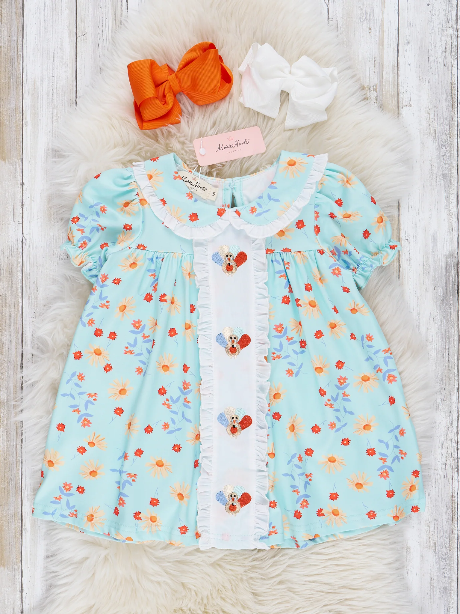 Light Blue Embroidered Turkey Ruffle Dress