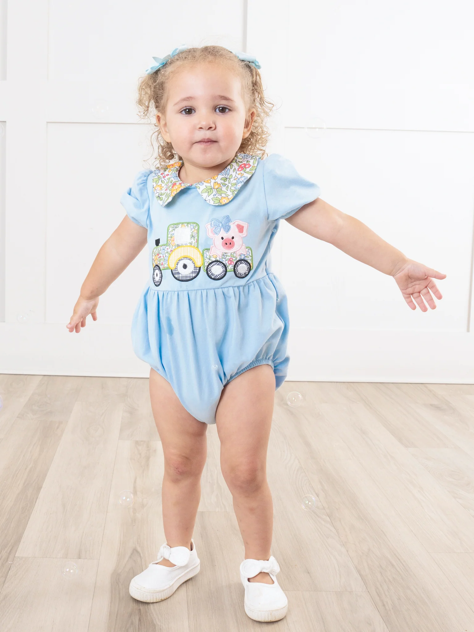 Light Blue Embroidered Piggy Tractor Bubble Romper - Image 3