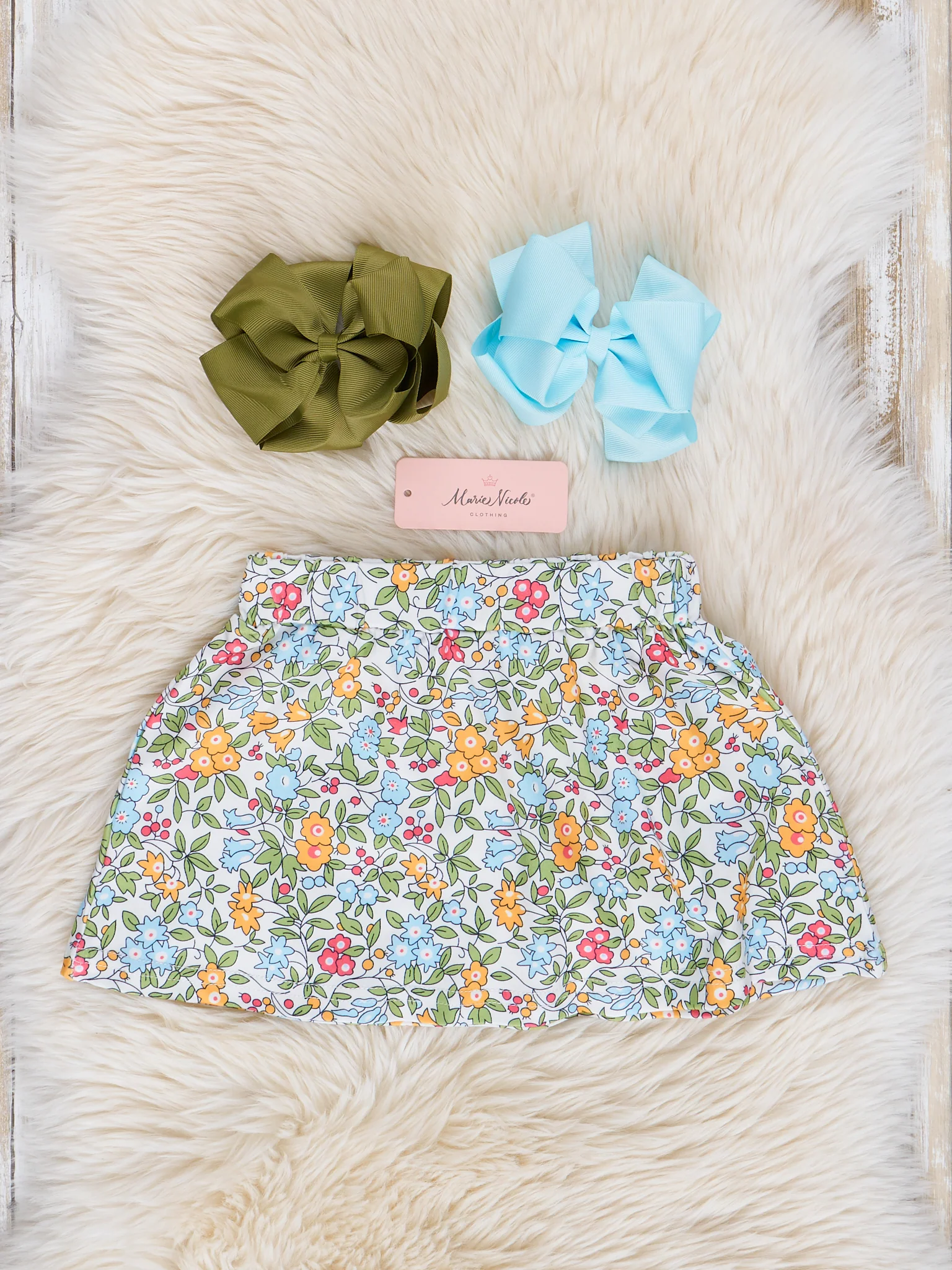 Light Blue Floral Embroidered Piggy Tractor Outfit w/ Skirt - Image 3