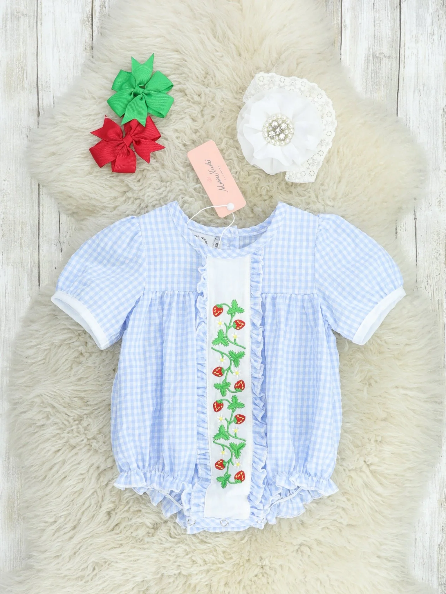 Light Blue Gingham Strawberry Bubble Romper