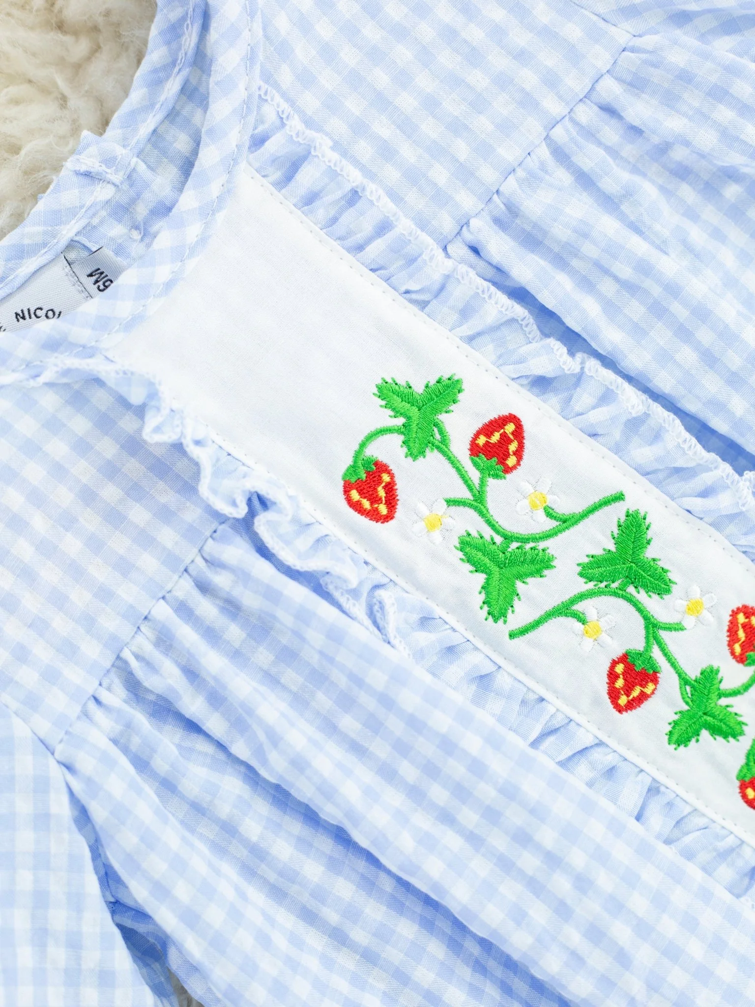 Light Blue Gingham Strawberry Bubble Romper - Image 2
