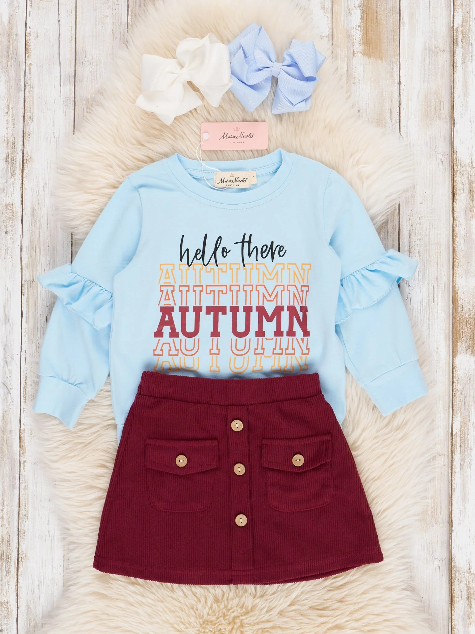 Light Blue & Maroon Autumn Outfit w/ Skirt - Image 2