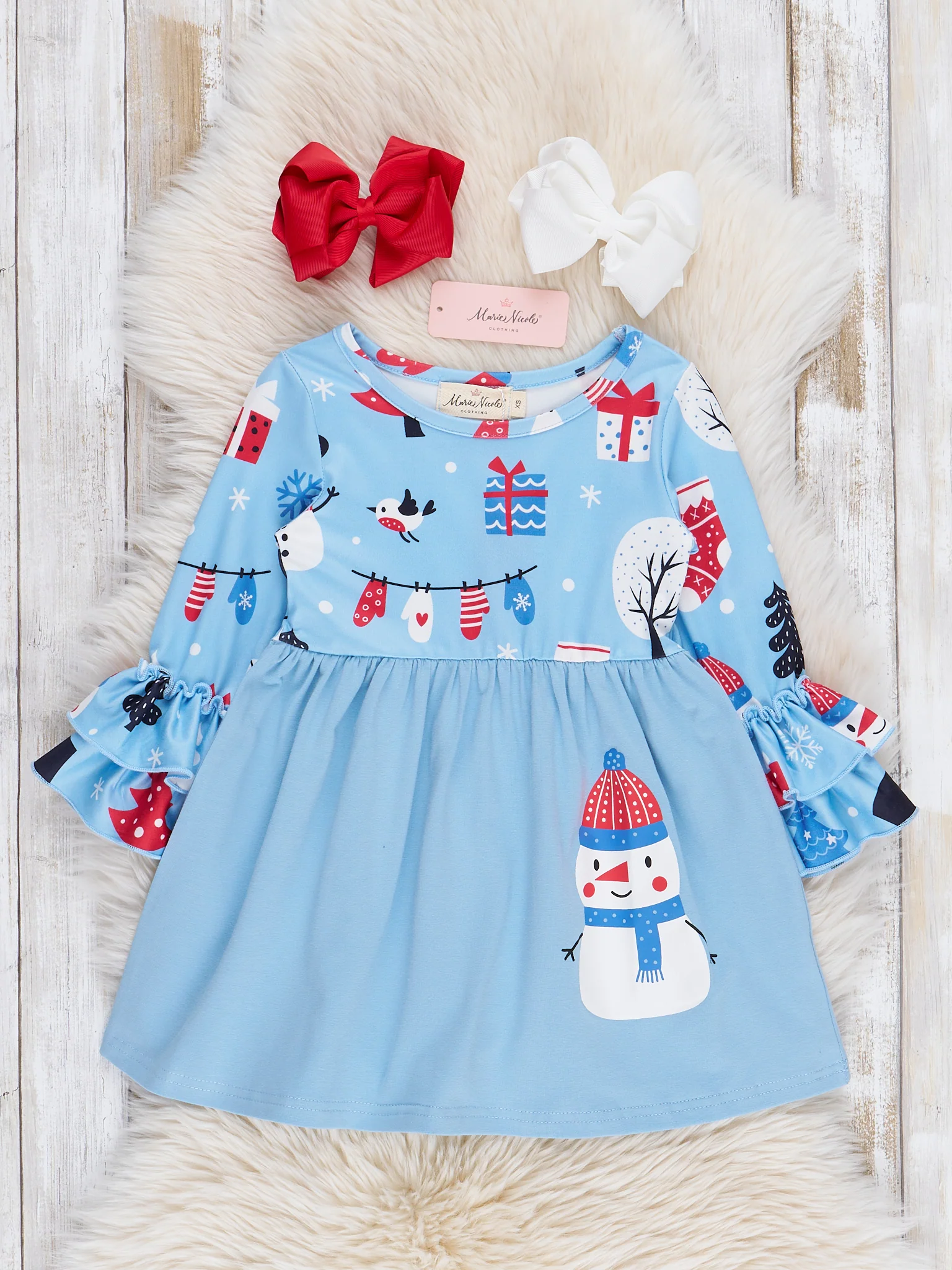 Light Blue Mr Snowman Bell Sleeve Dress