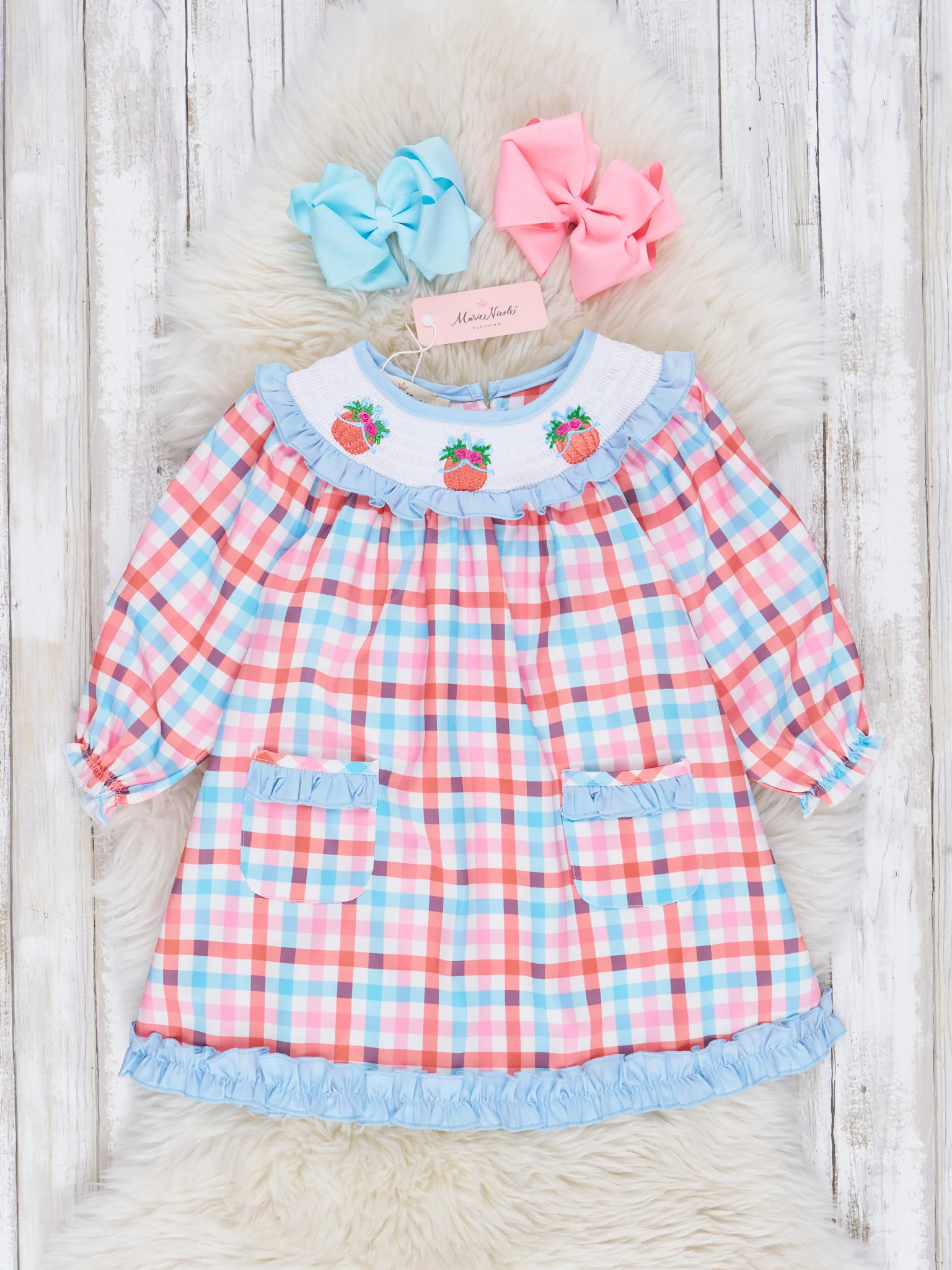 Light Blue & Orange Smocked Pumpkin Ruffle Dress