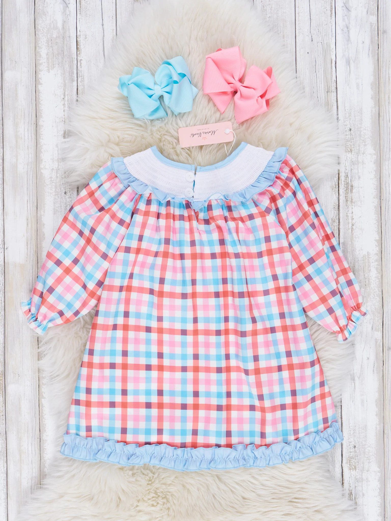 Light Blue & Orange Smocked Pumpkin Ruffle Dress - Image 2