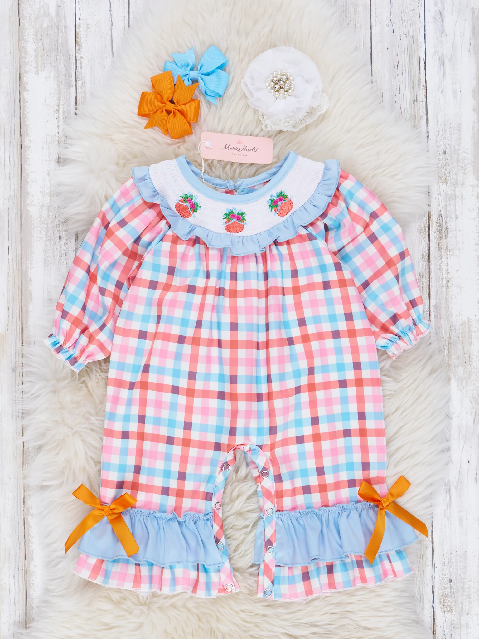 Light Blue & Orange Smocked Pumpkin Ruffle Romper