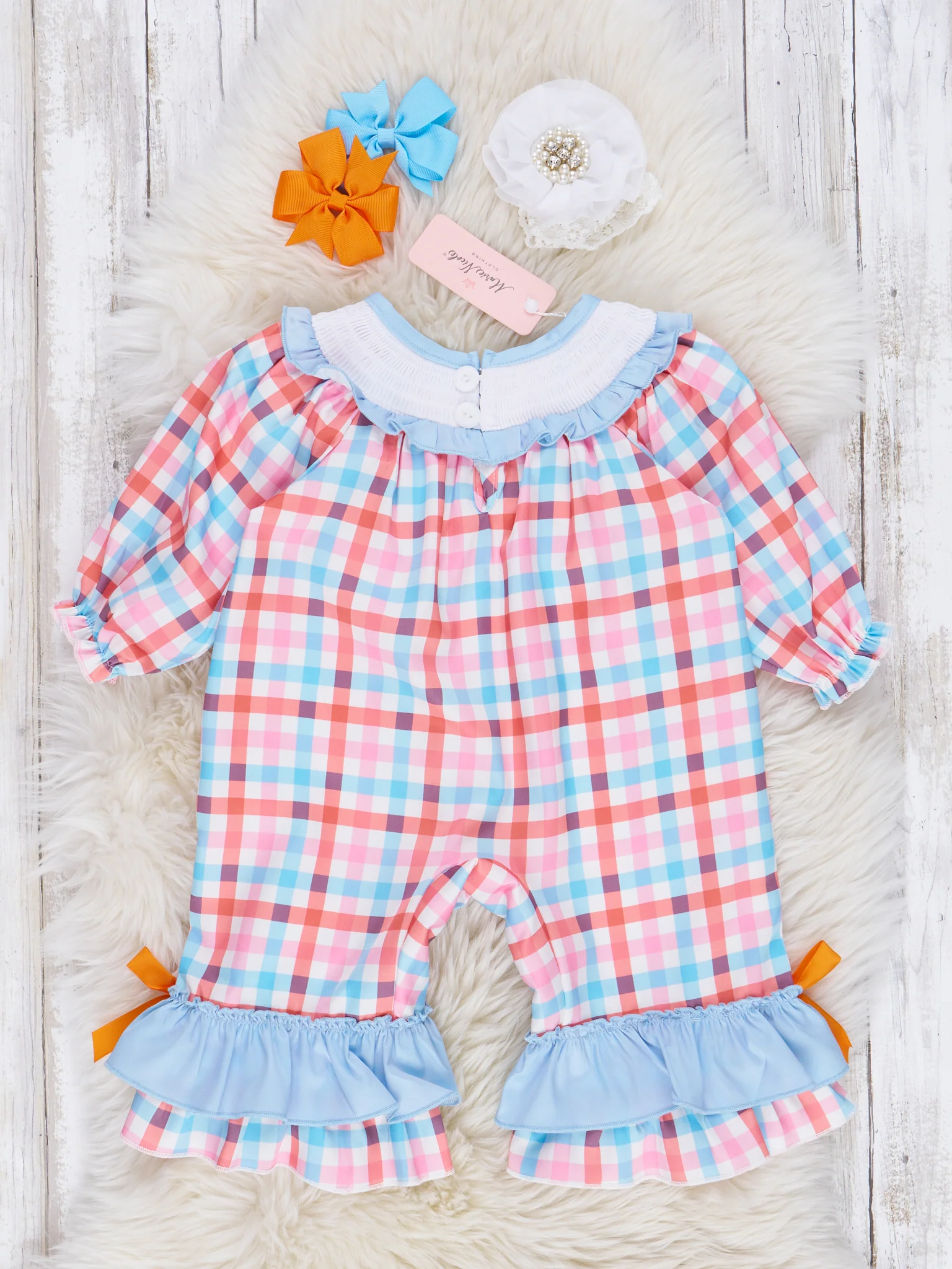 Light Blue & Orange Smocked Pumpkin Ruffle Romper - Image 2