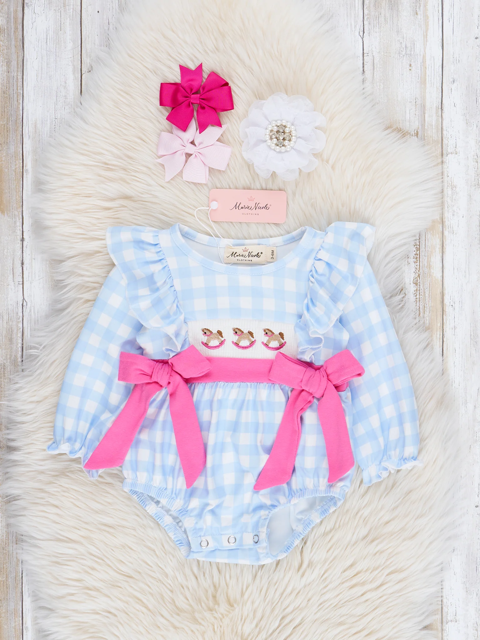 Light Blue Plaid Embroidered Rocking Horse Bubble Romper