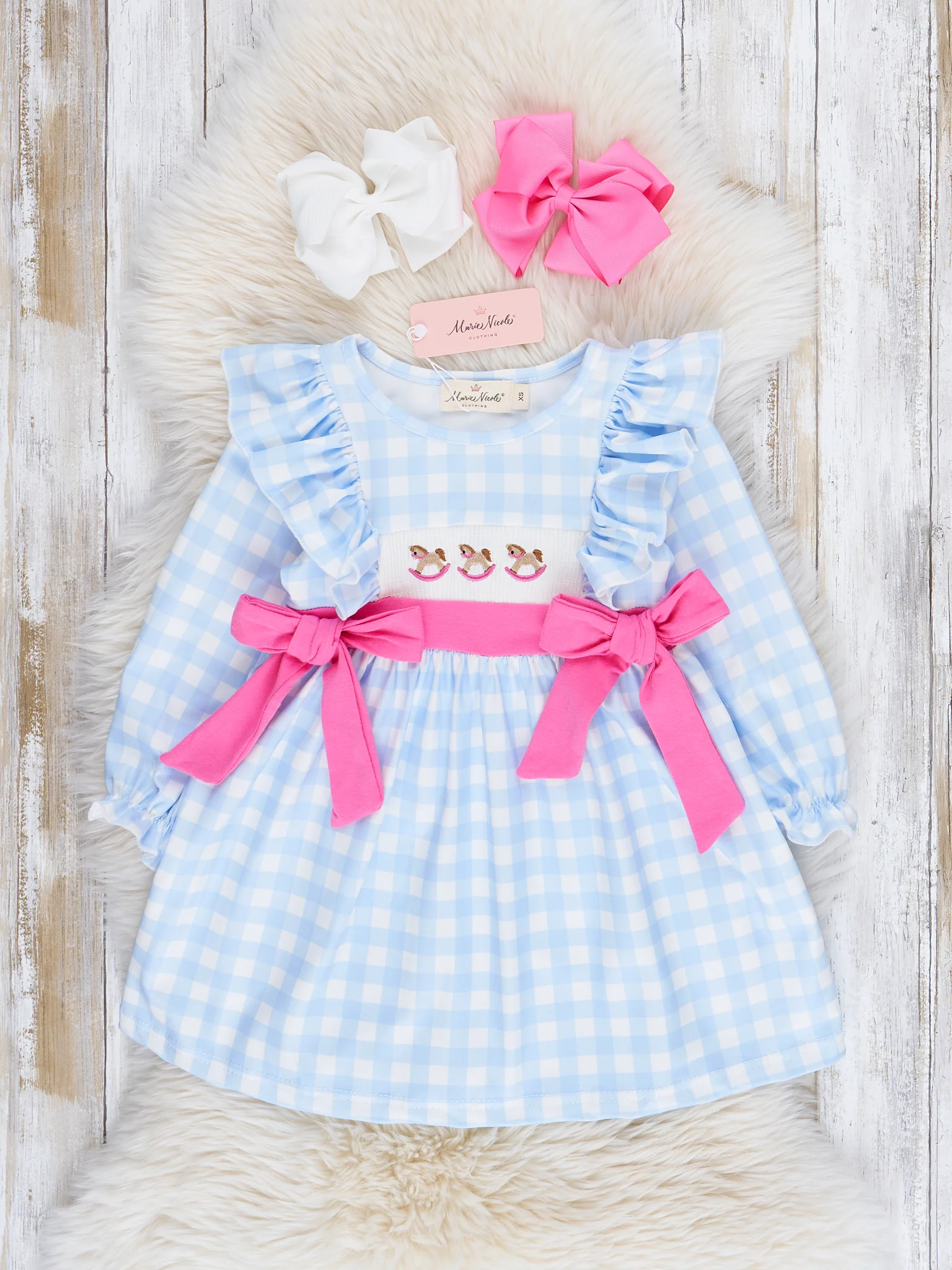 Light Blue Plaid Embroidered Rocking Horse Dress - Image 2